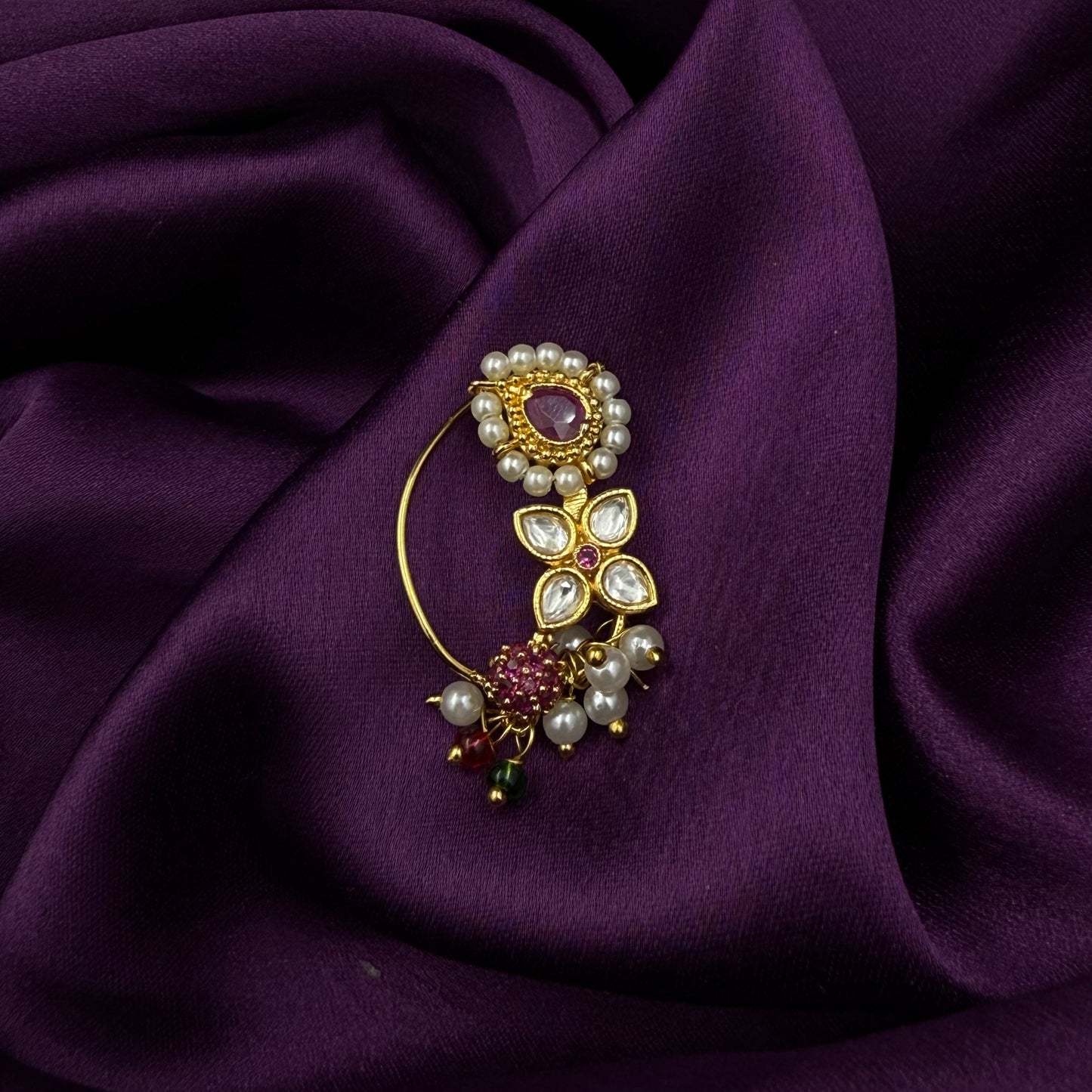 maharashtrian nath - kundan and pearls - pink stones - wedding and festive wear