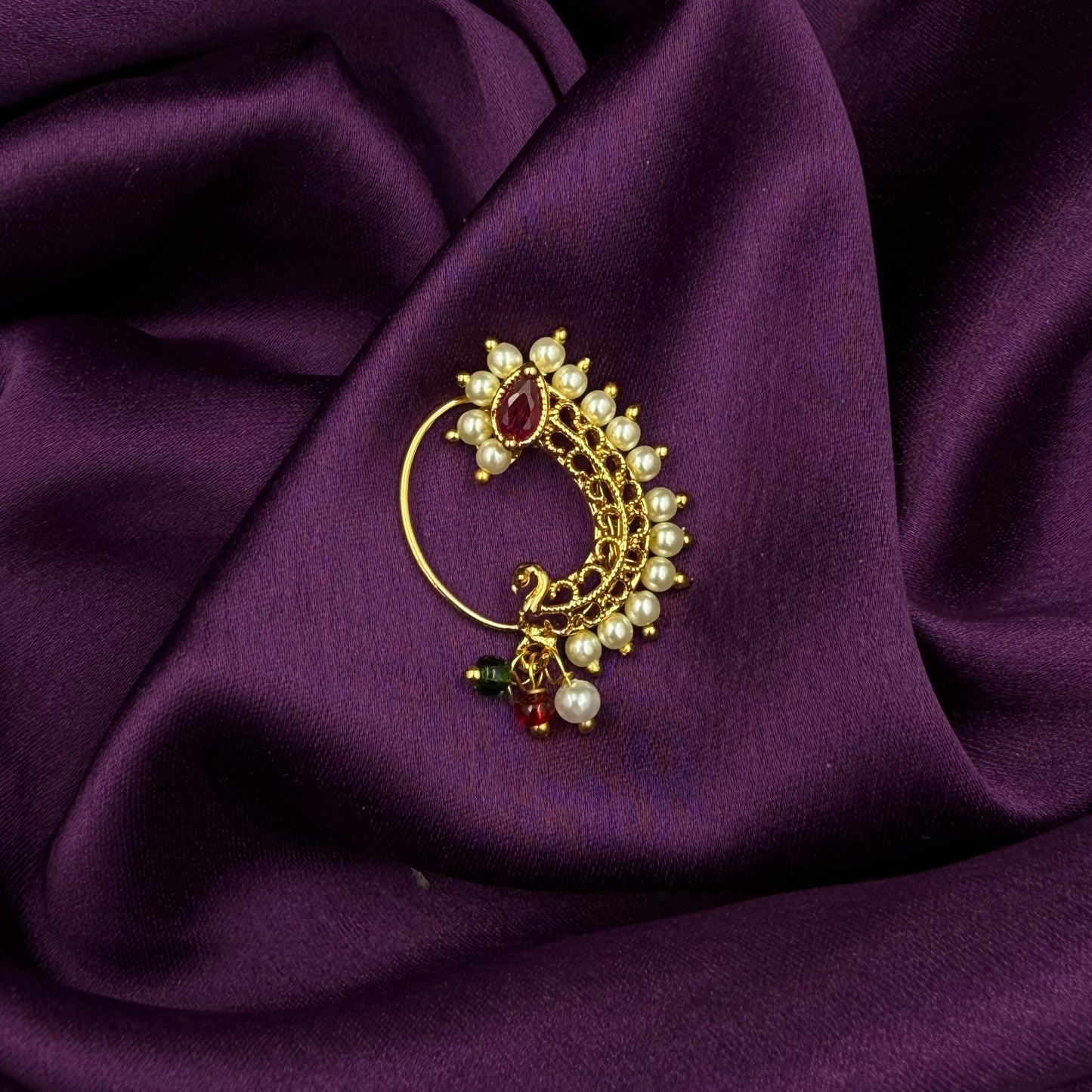 maharashtrian nath - kundan and pearls - Pink stones - wedding and festive wear- karvari nath