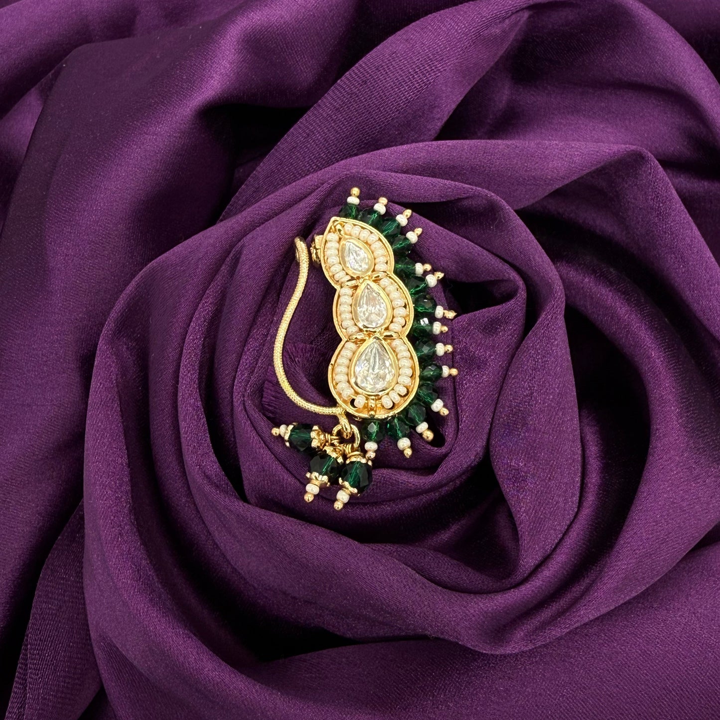 maharashtrian nath - kundan and pearls - green stones - wedding and festive wear