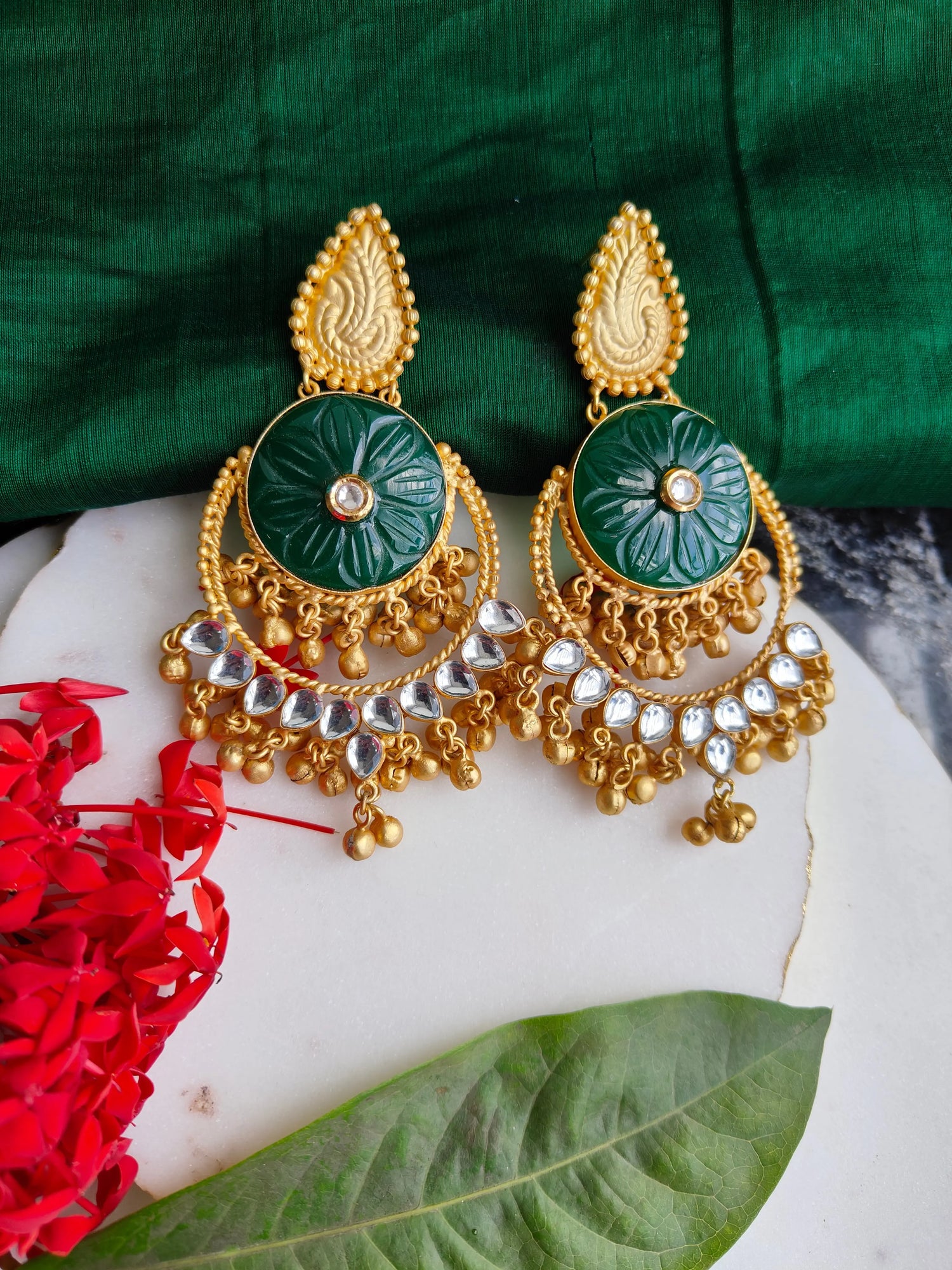 Green Inaya Chandbali in Matt gold finish - The Ornate Gleam Jewellery