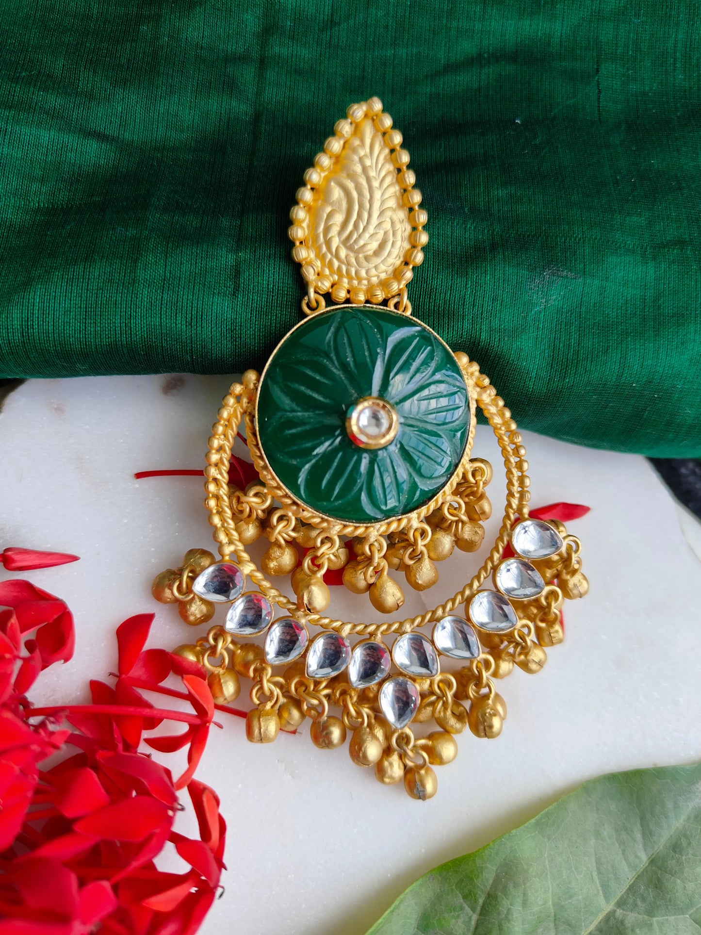 Green Inaya Chandbali in Matt gold finish - The Ornate Gleam Jewellery