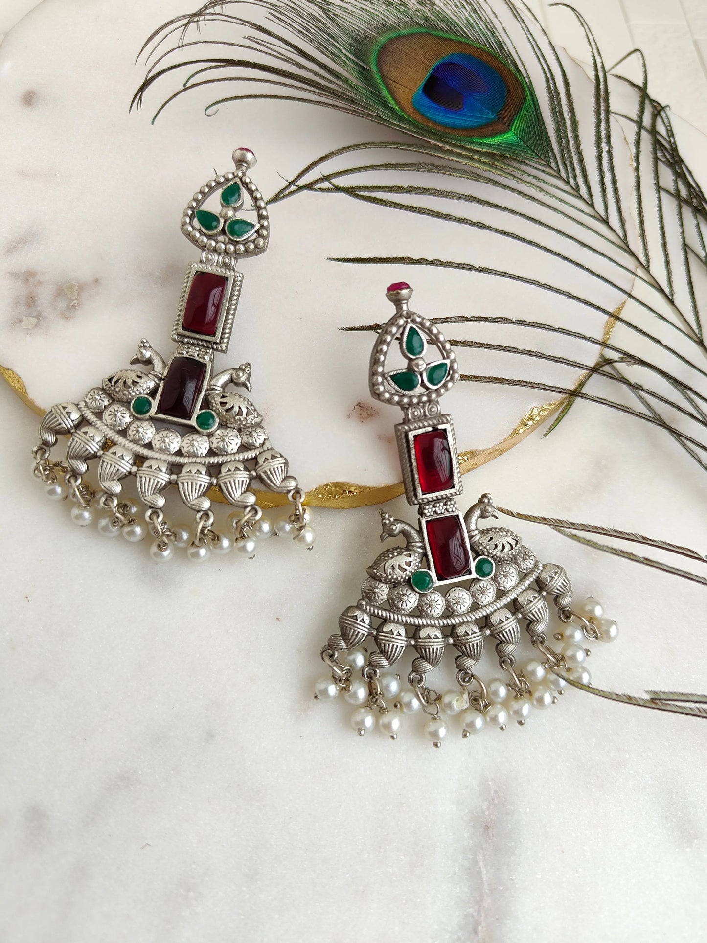Red and Green Vibha Oxidized Earrings - The Ornate Gleam Jewellery