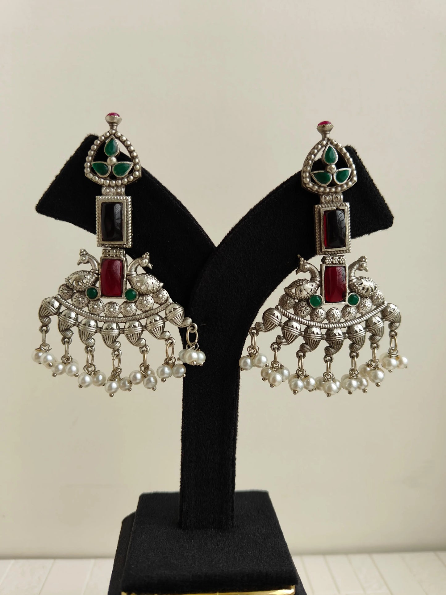 Red and Green Vibha Oxidized Earrings - The Ornate Gleam Jewellery