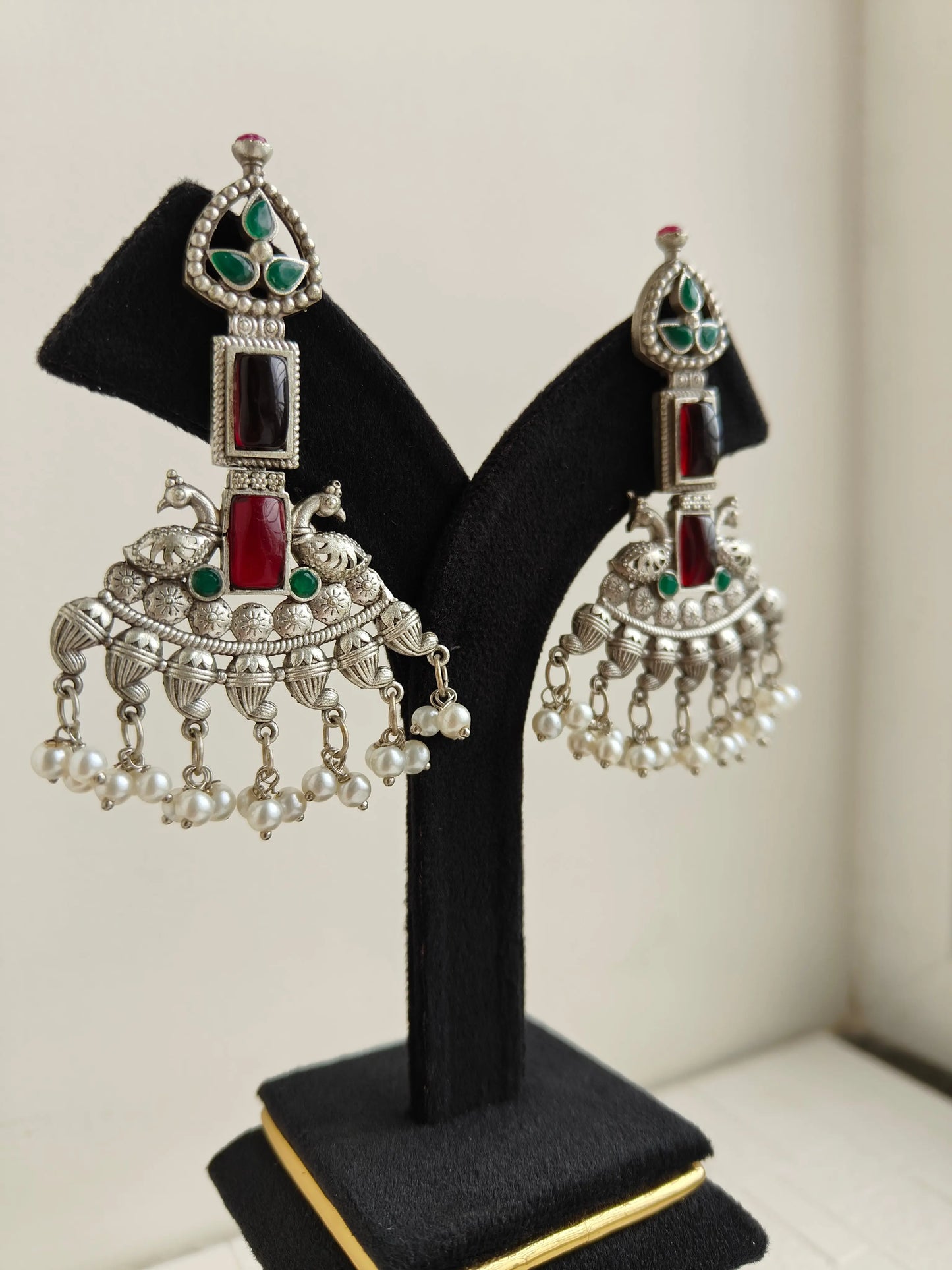 Red and Green Vibha Oxidized Earrings - The Ornate Gleam Jewellery