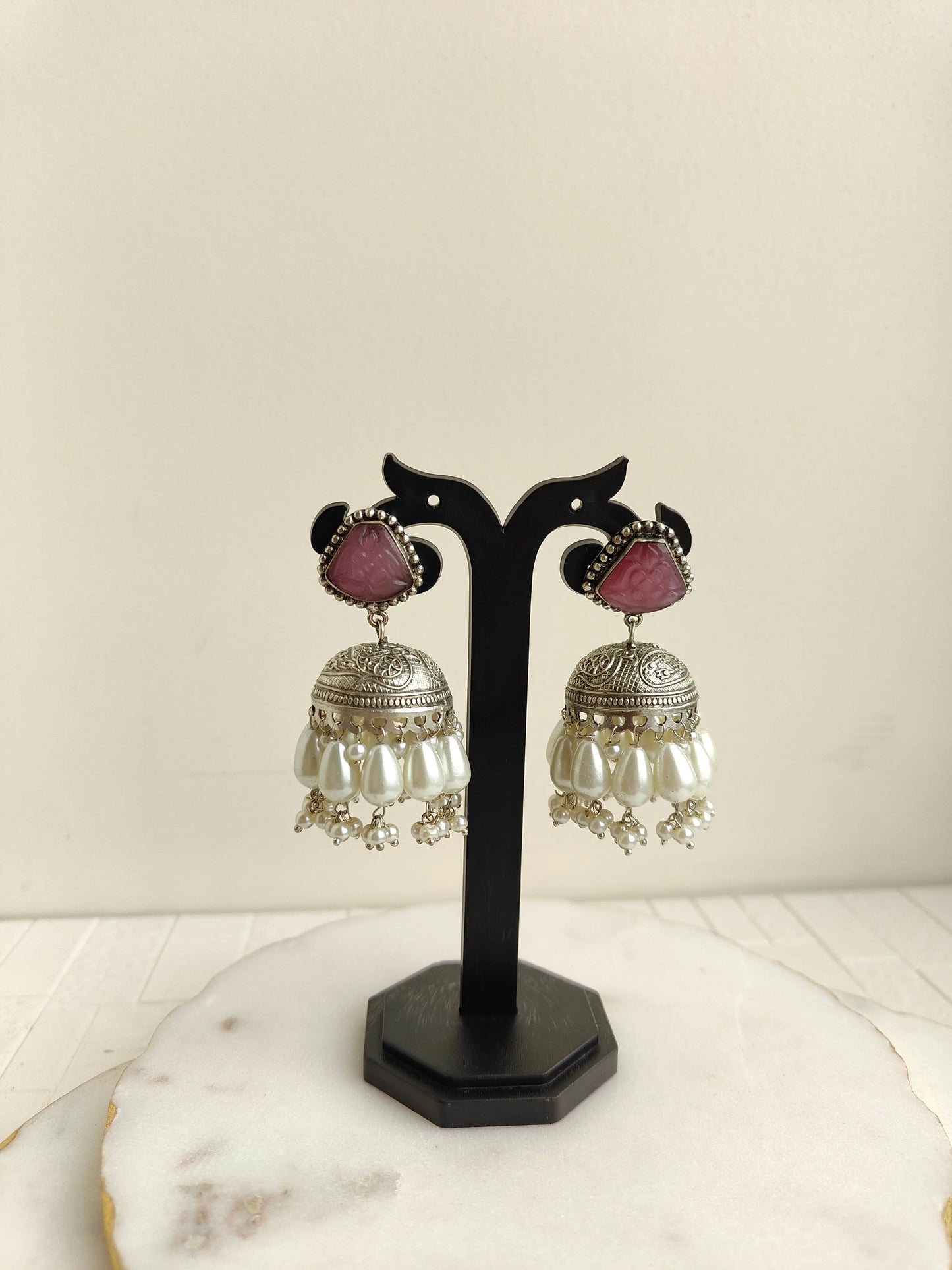 Pink Ahi Oxidized Earrings - The Ornate Gleam Jewellery