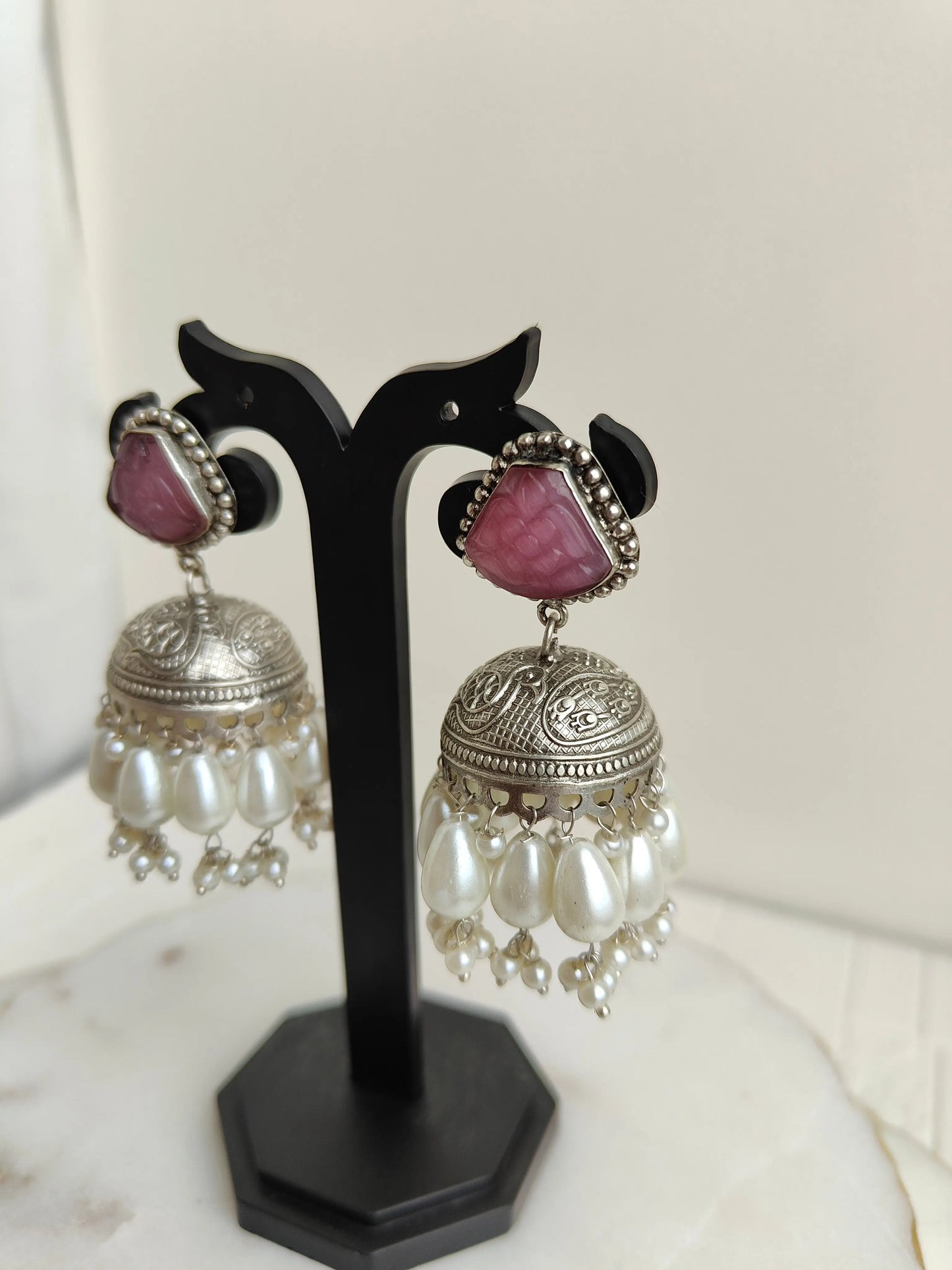 Pink Ahi Oxidized Earrings - The Ornate Gleam Jewellery