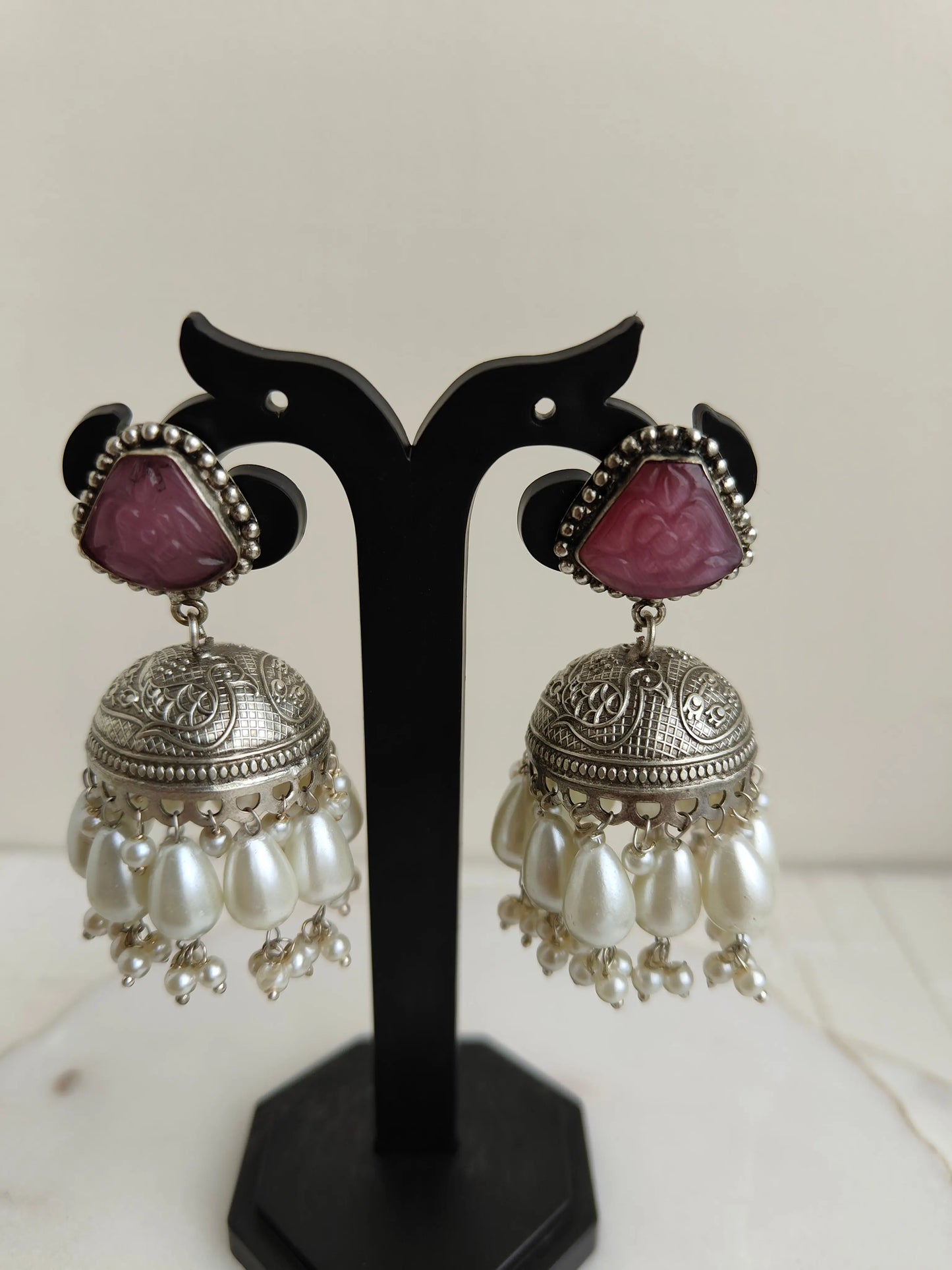 Pink Ahi Oxidized Earrings - The Ornate Gleam Jewellery
