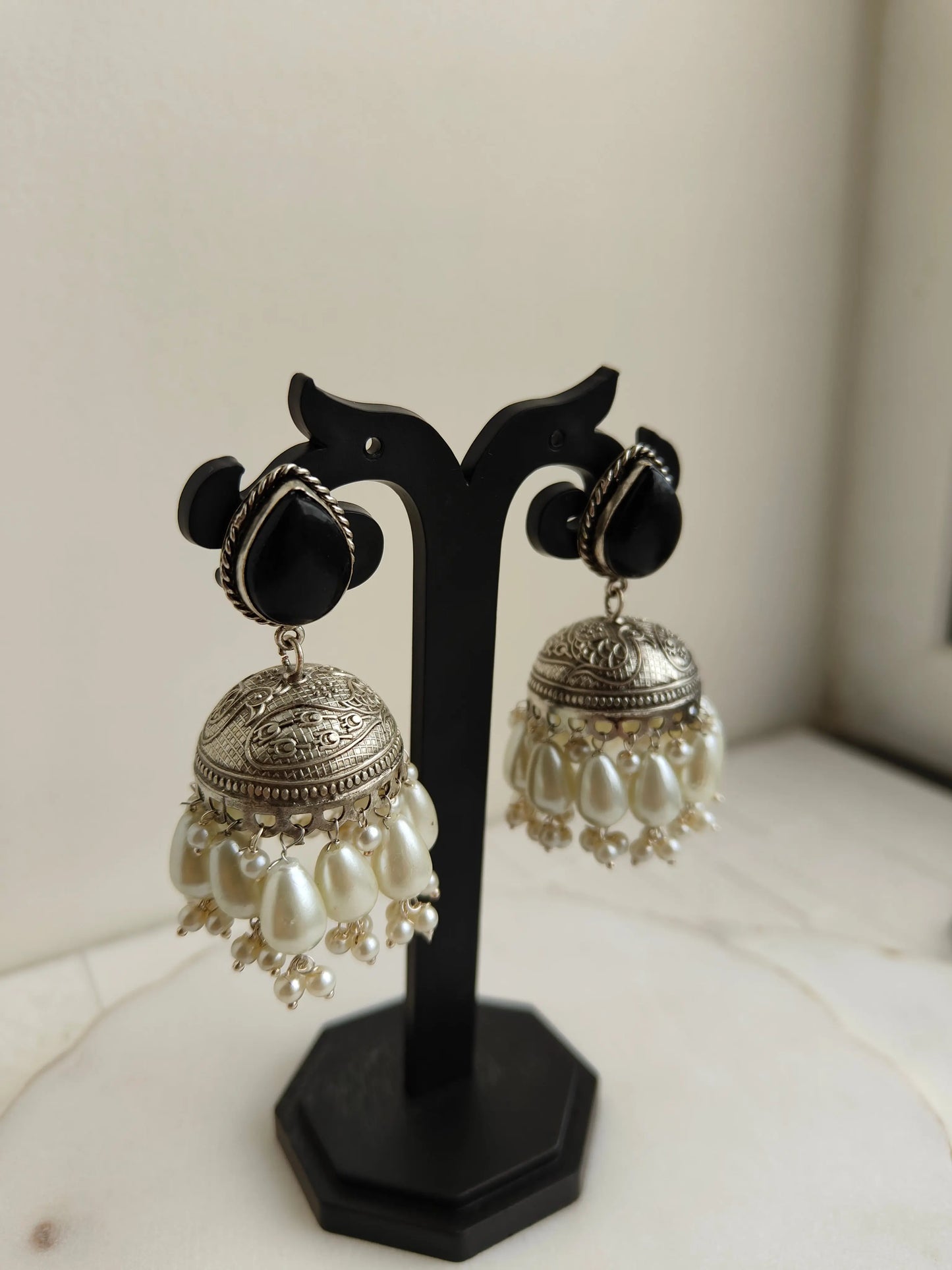 Black Ahi Oxidized Jhumki - The Ornate Gleam Jewellery