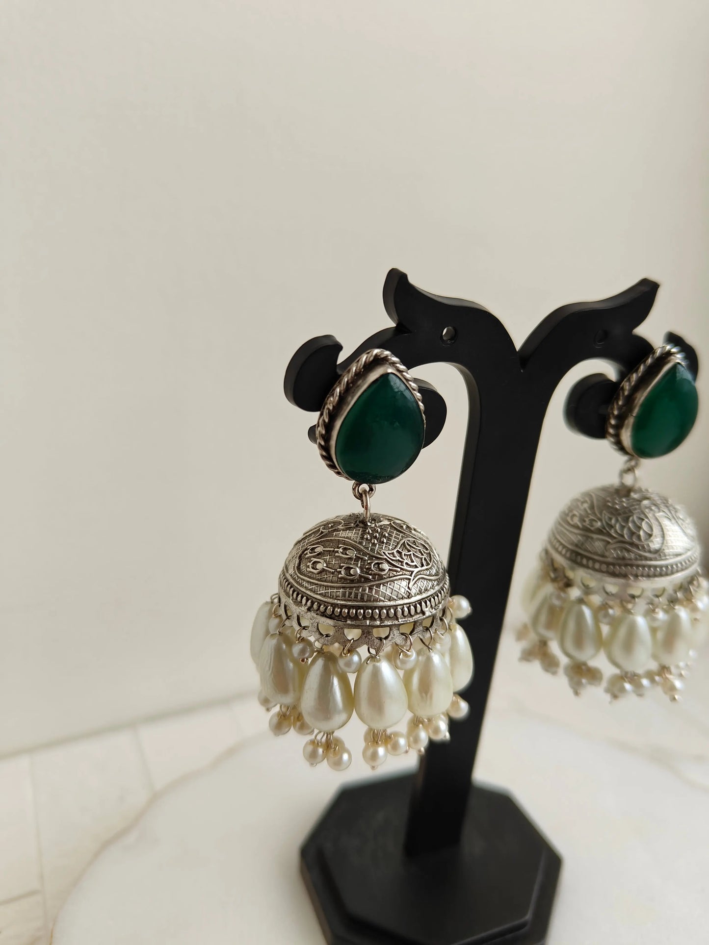 Green Ahi oxidized Jhumki - The Ornate Gleam Jewellery