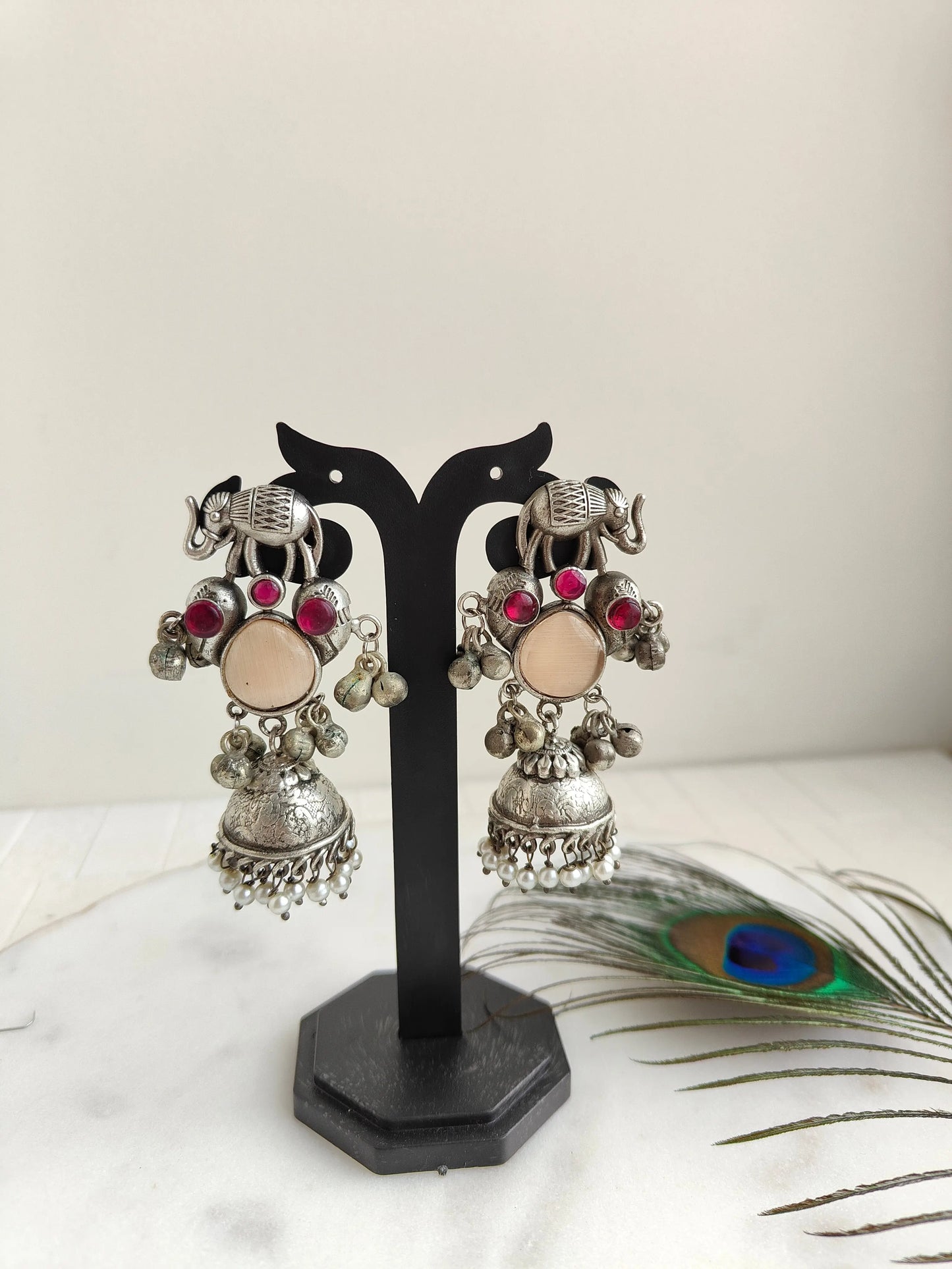 Peach and Pink Anvi oxidized jhumka - The Ornate Gleam Jewellery