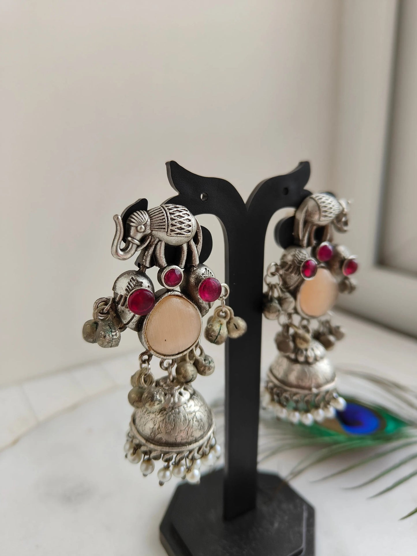 Peach and Pink Anvi oxidized jhumka - The Ornate Gleam Jewellery