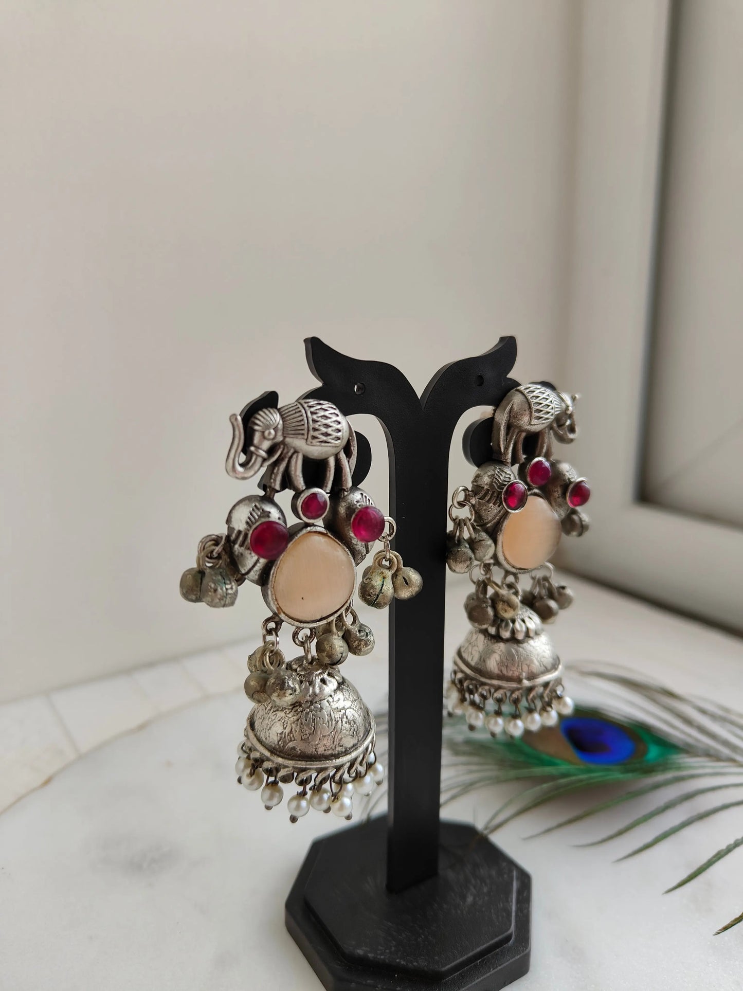 Peach and Pink Anvi oxidized jhumka - The Ornate Gleam Jewellery