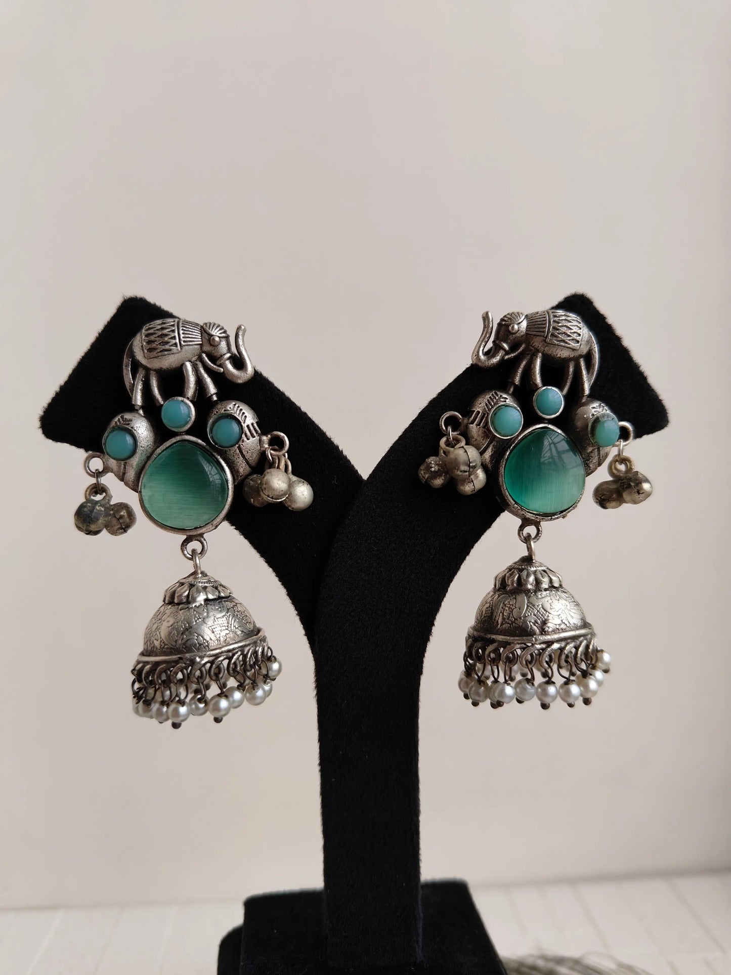 Mint green Anvi Oxidized Jhumki - The Ornate Gleam Jewellery