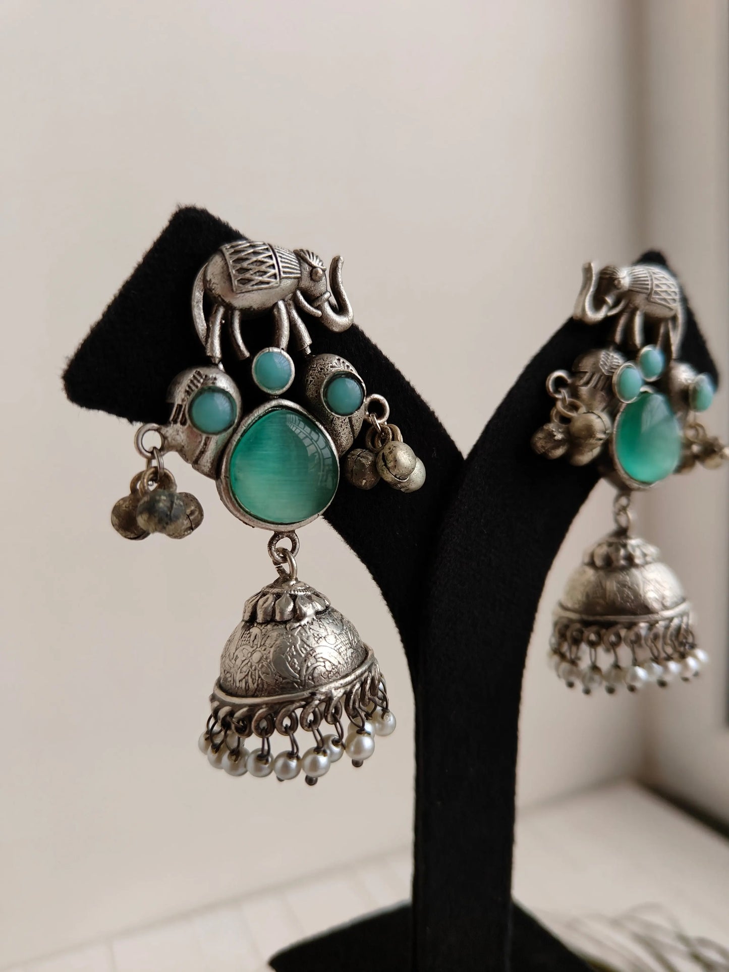 Mint green Anvi Oxidized Jhumki - The Ornate Gleam Jewellery