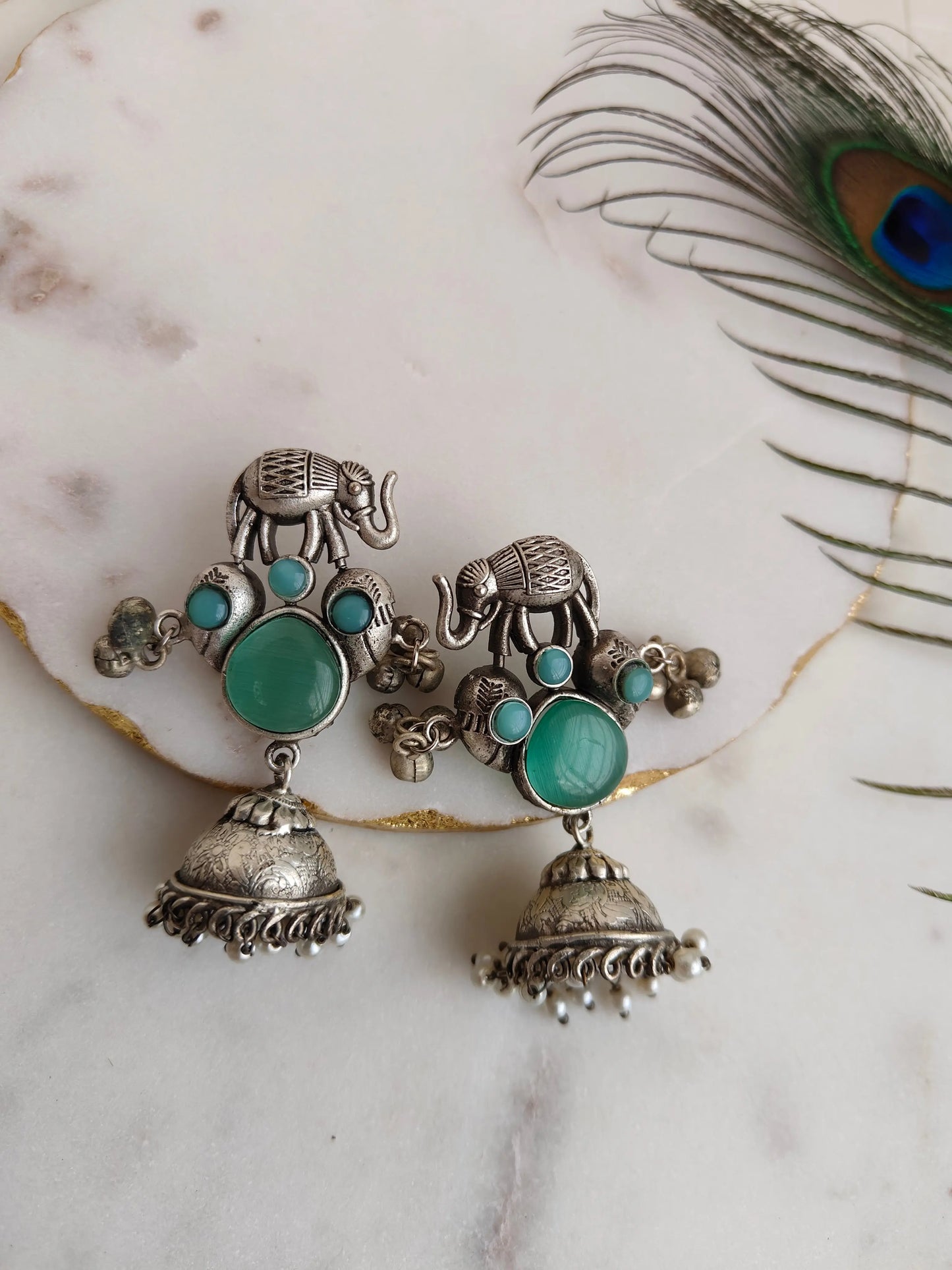 Mint green Anvi Oxidized Jhumki - The Ornate Gleam Jewellery
