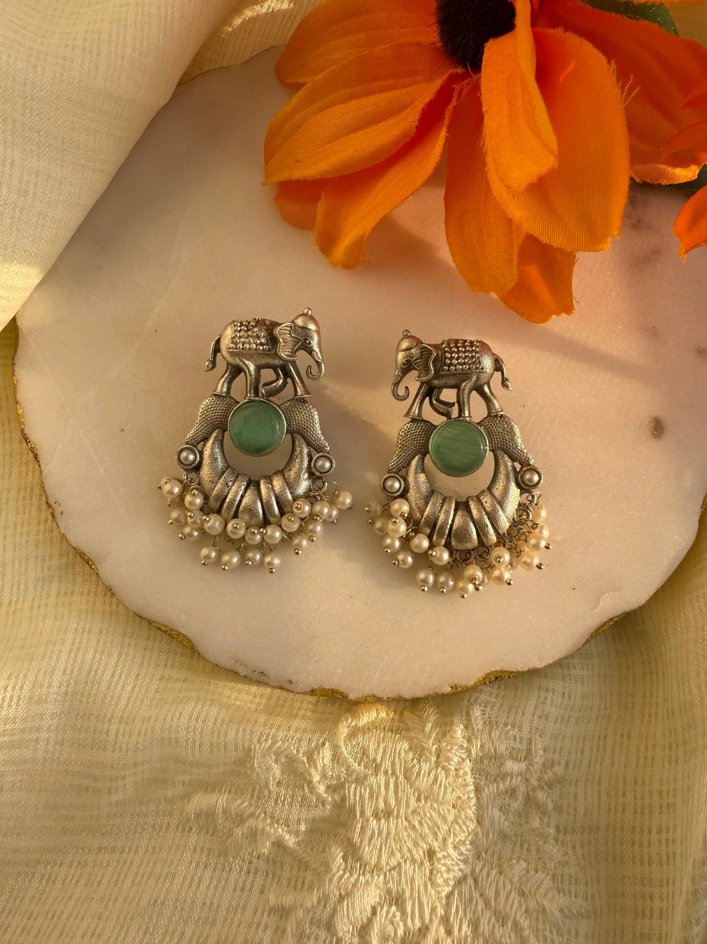 MINT GREEN Jiva OXIDIZED EARRINGS - The Ornate Gleam Jewellery