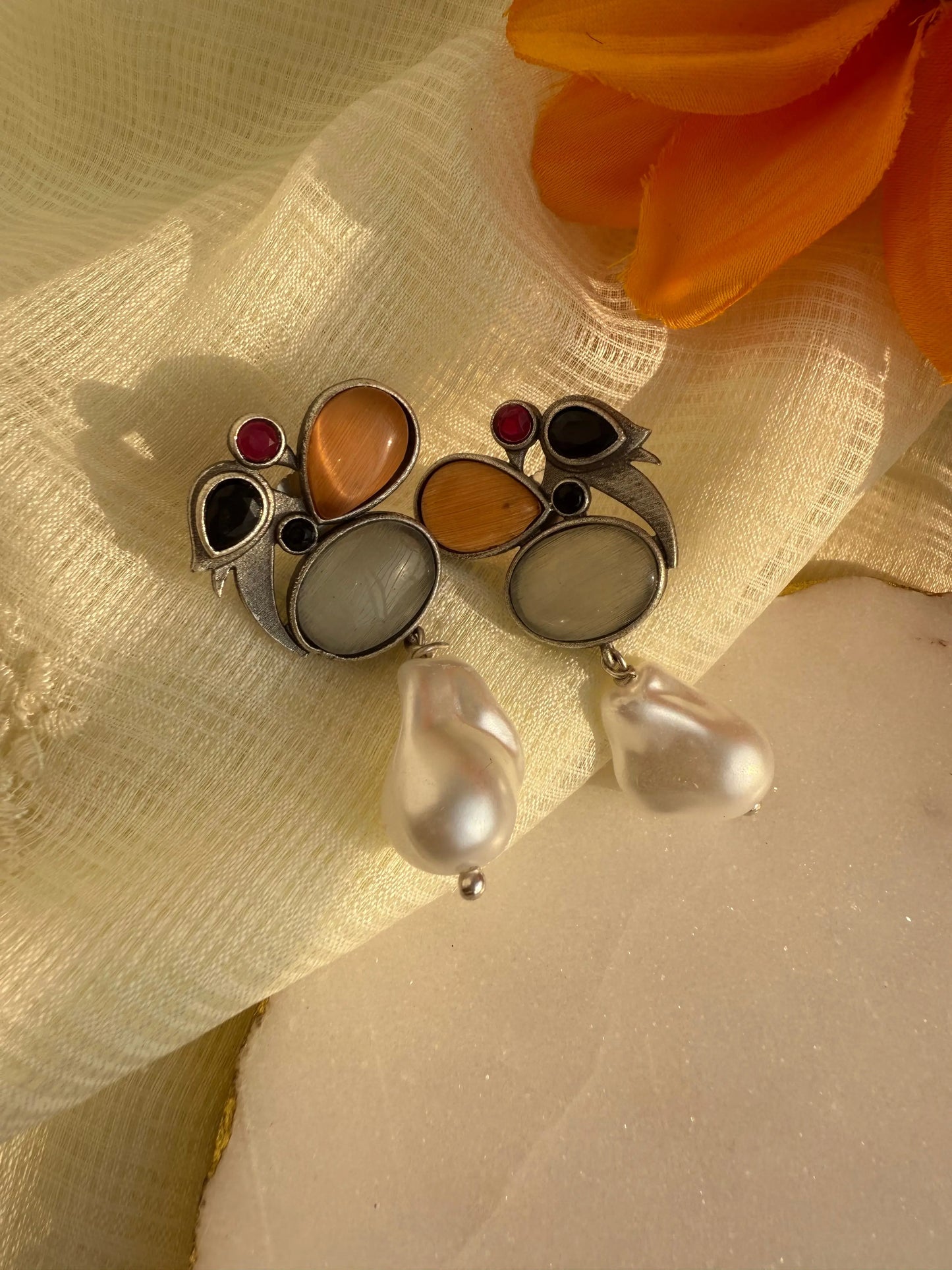 Chidiya Orange and Grey color pearl drop earrings - The Ornate Gleam Jewellery