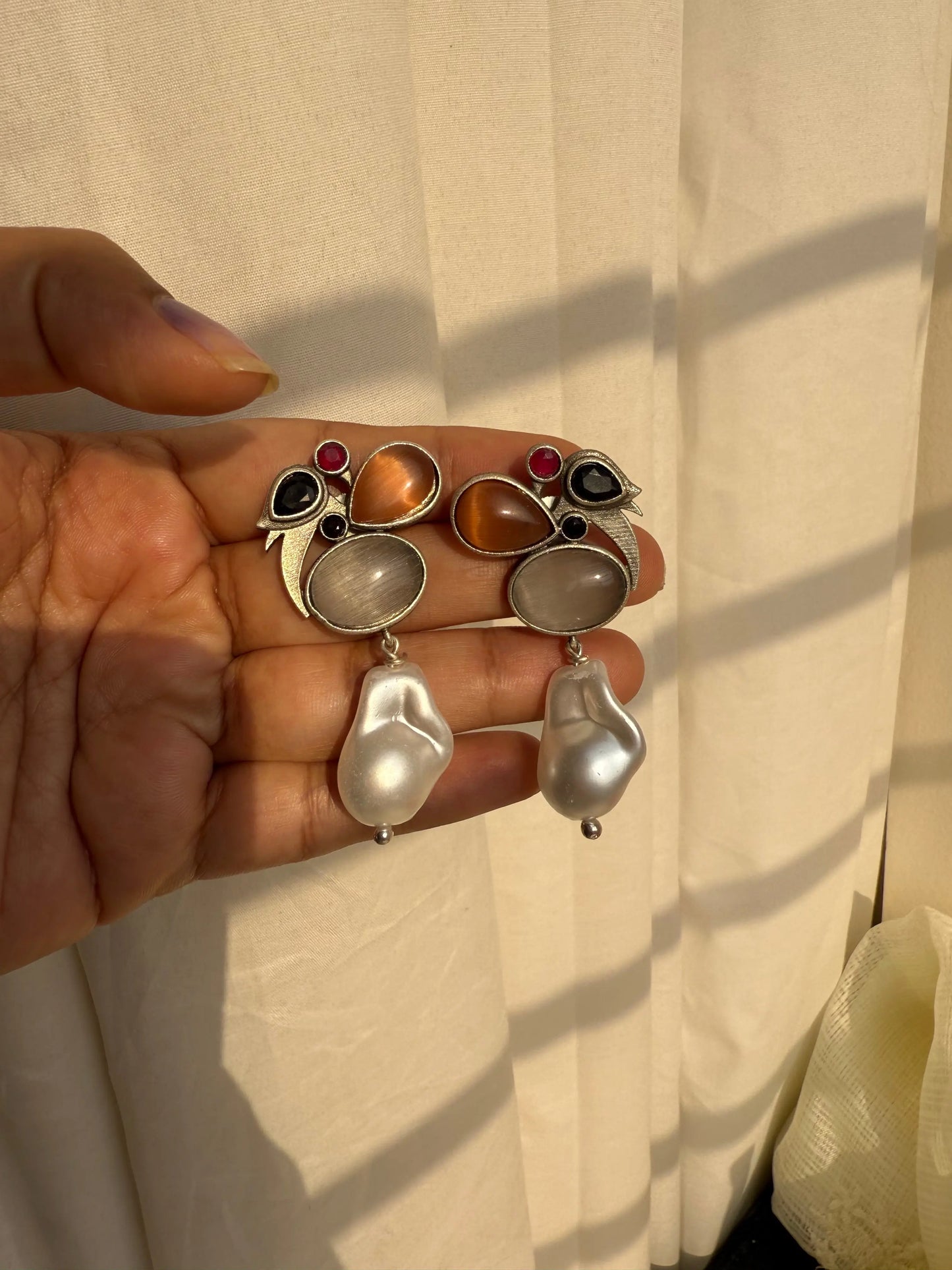 Chidiya Orange and Grey color pearl drop earrings - The Ornate Gleam Jewellery