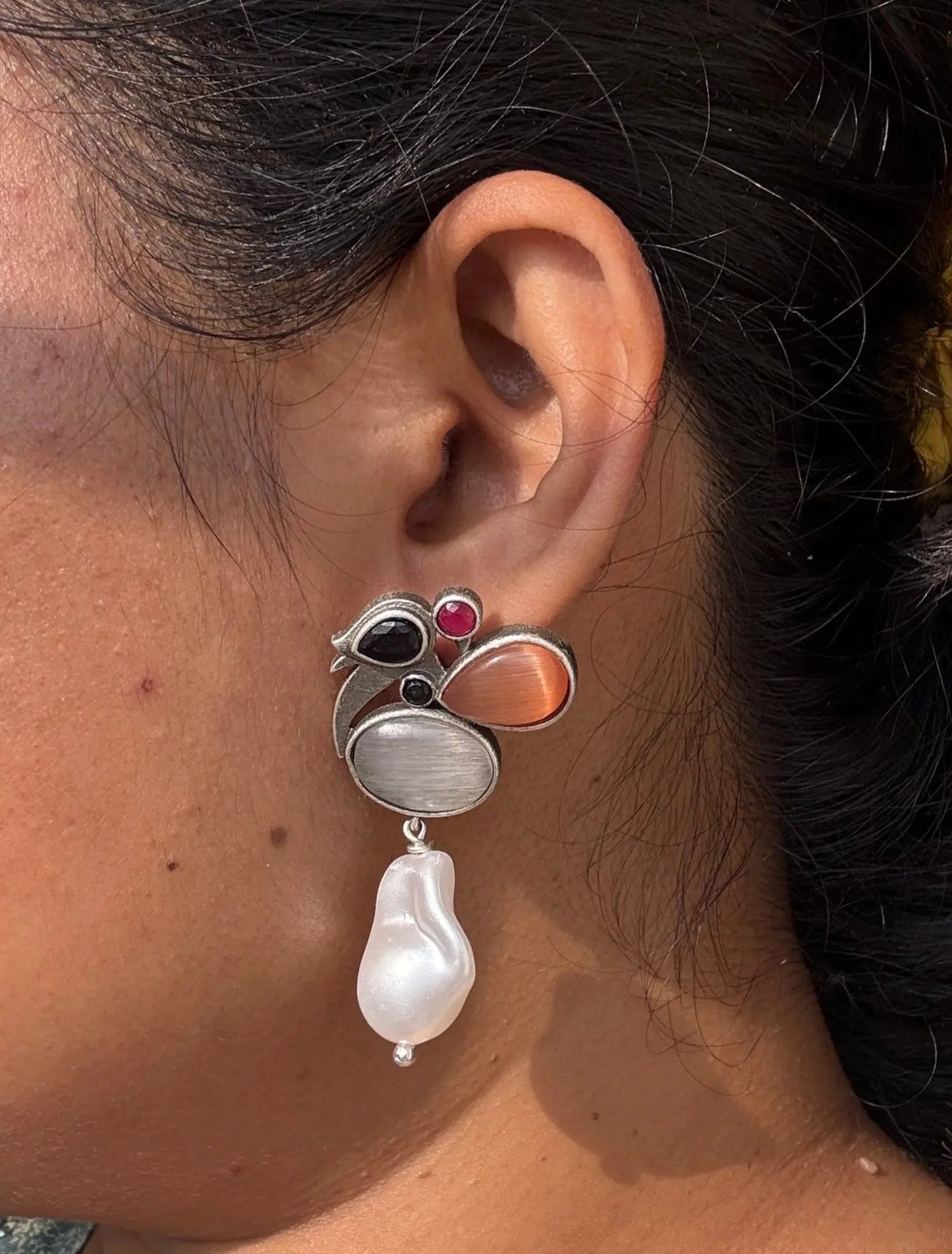 Chidiya Orange and Grey color pearl drop earrings - The Ornate Gleam Jewellery