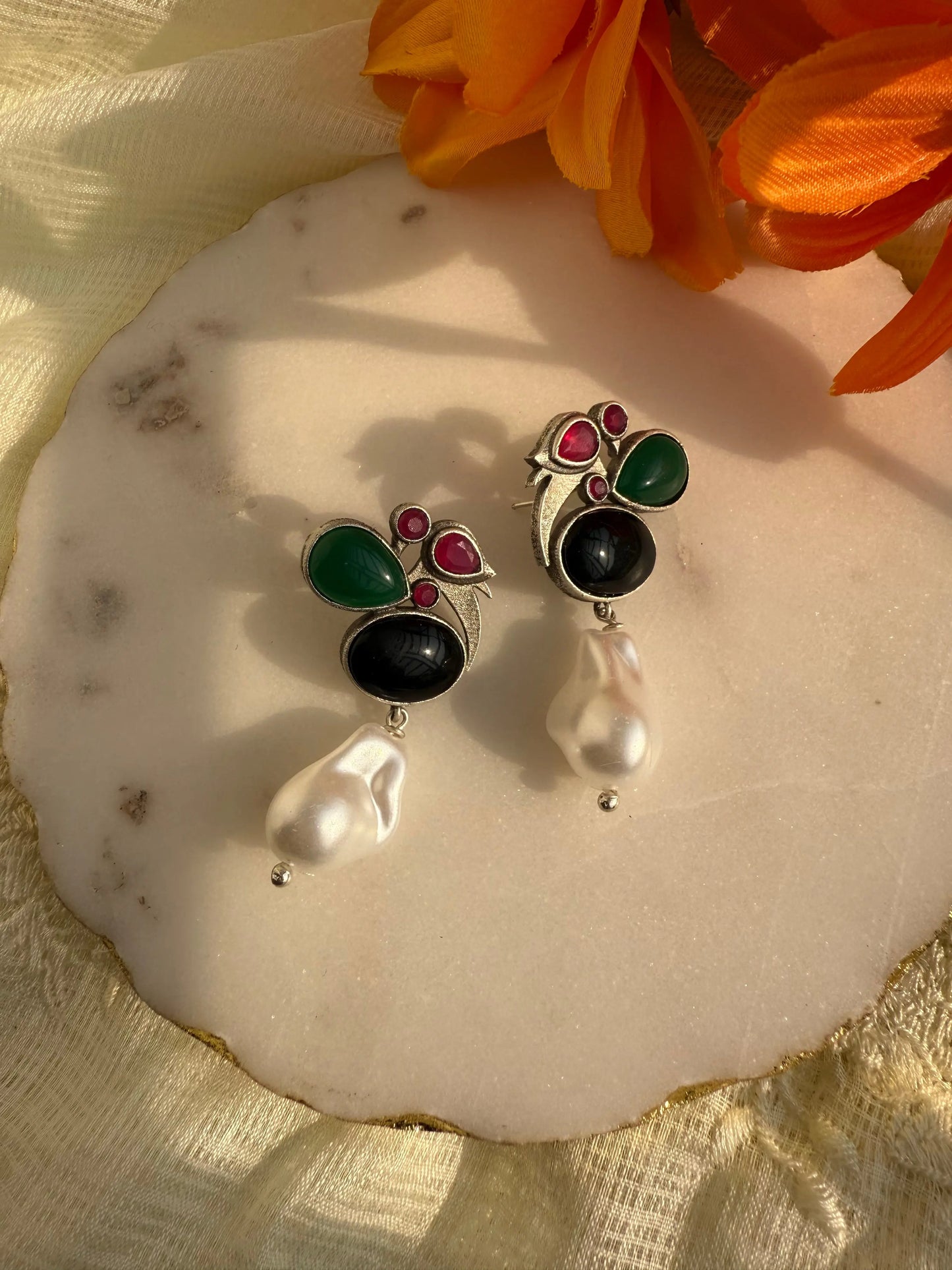 Chidiya Pink and black Pearl drop earring - The Ornate Gleam Jewellery