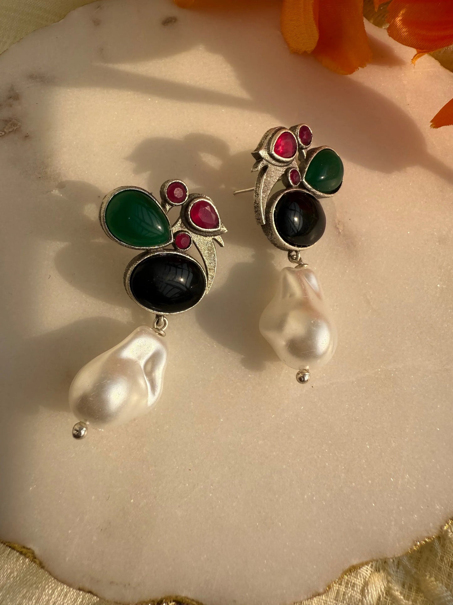 Chidiya Pink and black Pearl drop earring - The Ornate Gleam Jewellery