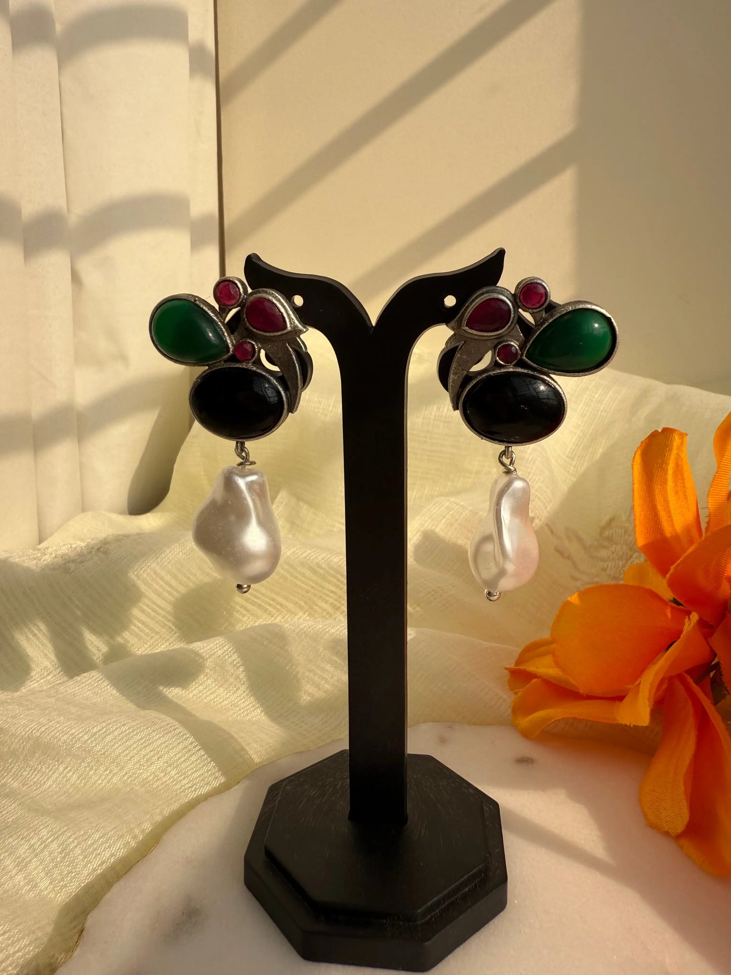 Chidiya Pink and black Pearl drop earring - The Ornate Gleam Jewellery
