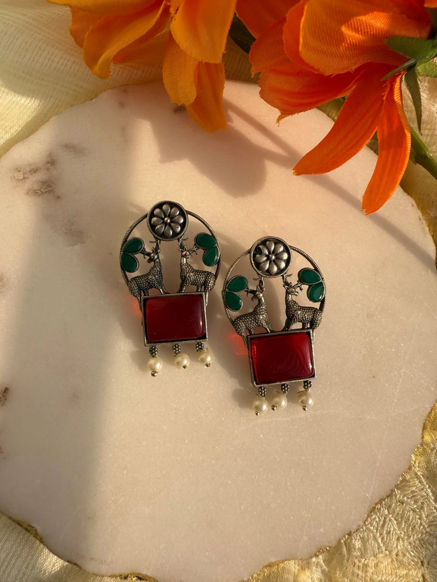 Red and Green Hiran studs - The Ornate Gleam Jewellery
