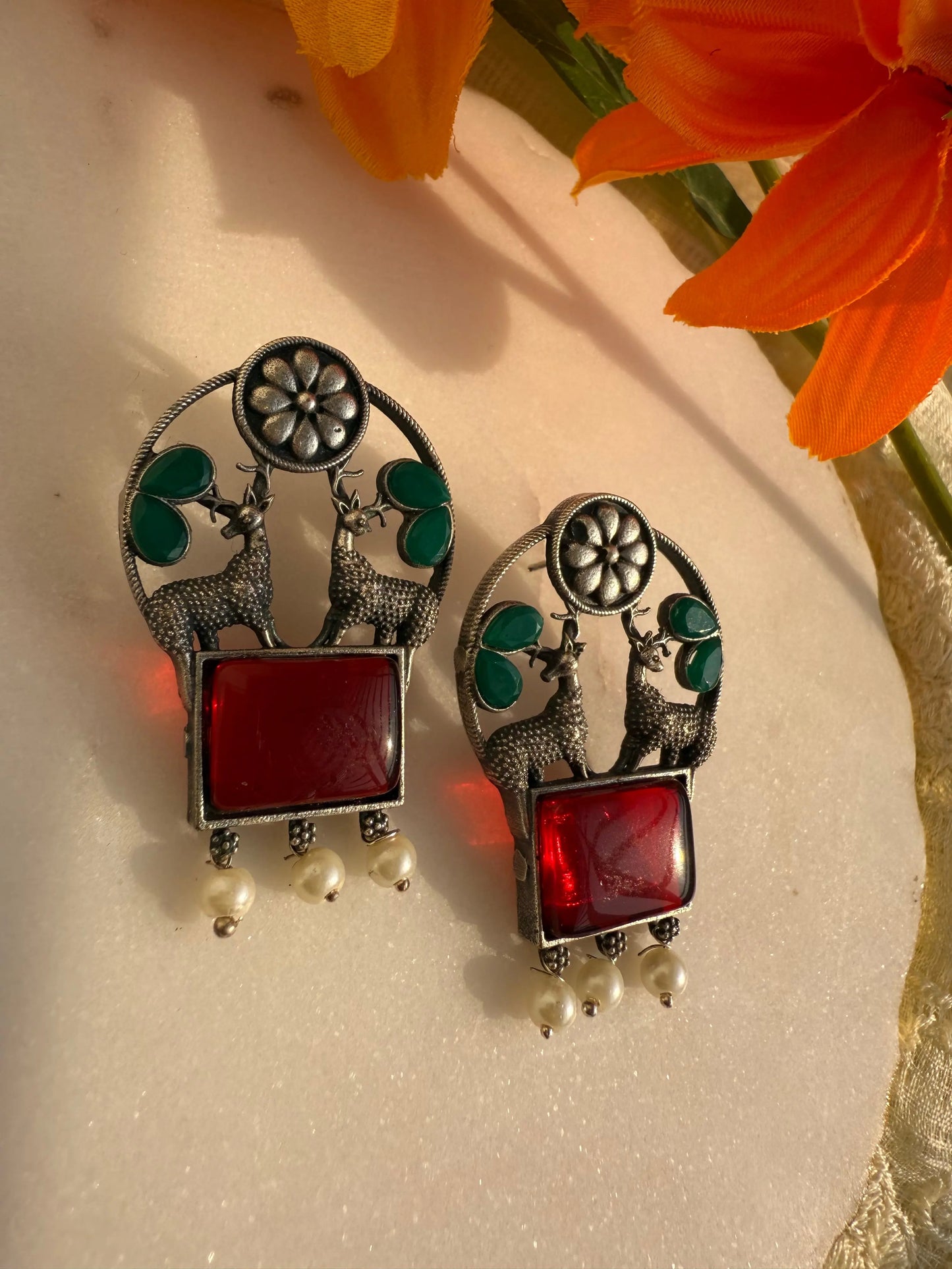 Red and Green Hiran studs - The Ornate Gleam Jewellery