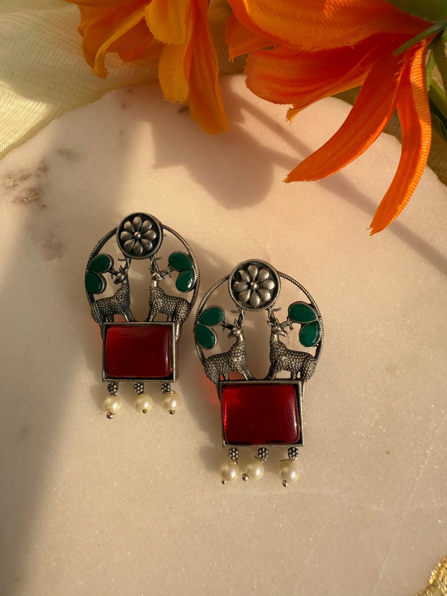 Red and Green Hiran studs - The Ornate Gleam Jewellery