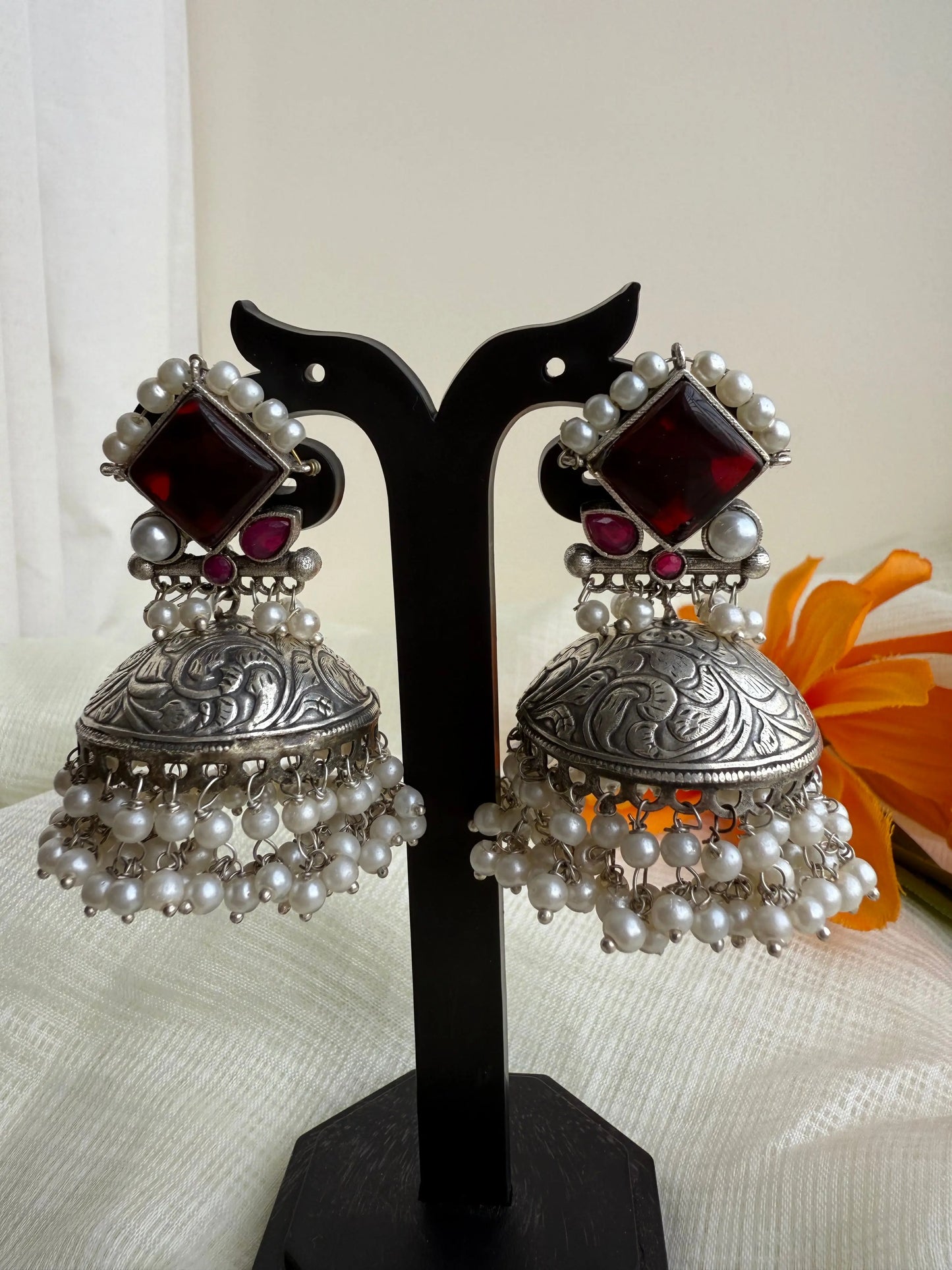 Red Alia Oxidized Jhumka - The Ornate Gleam Jewellery