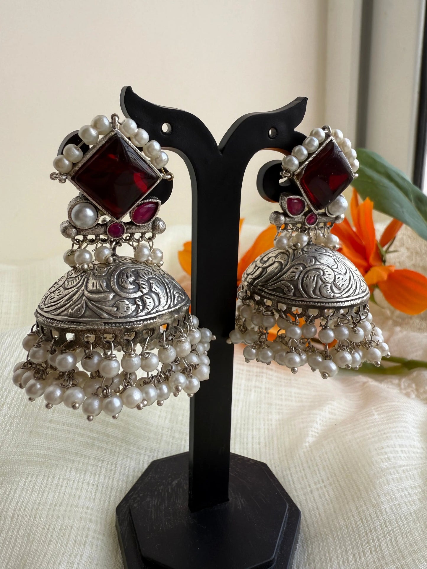 Red Alia Oxidized Jhumka - The Ornate Gleam Jewellery