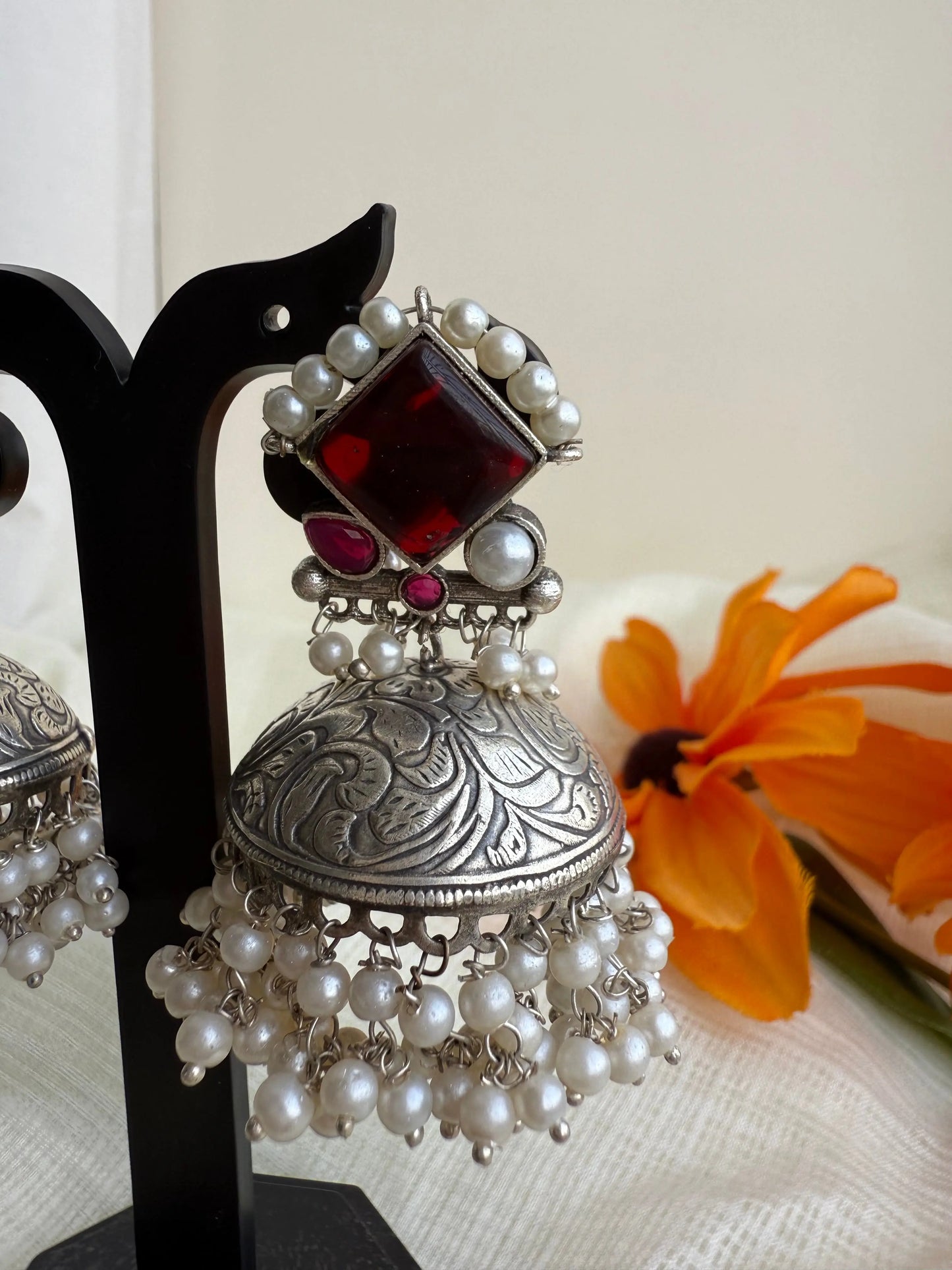 Red Alia Oxidized Jhumka - The Ornate Gleam Jewellery