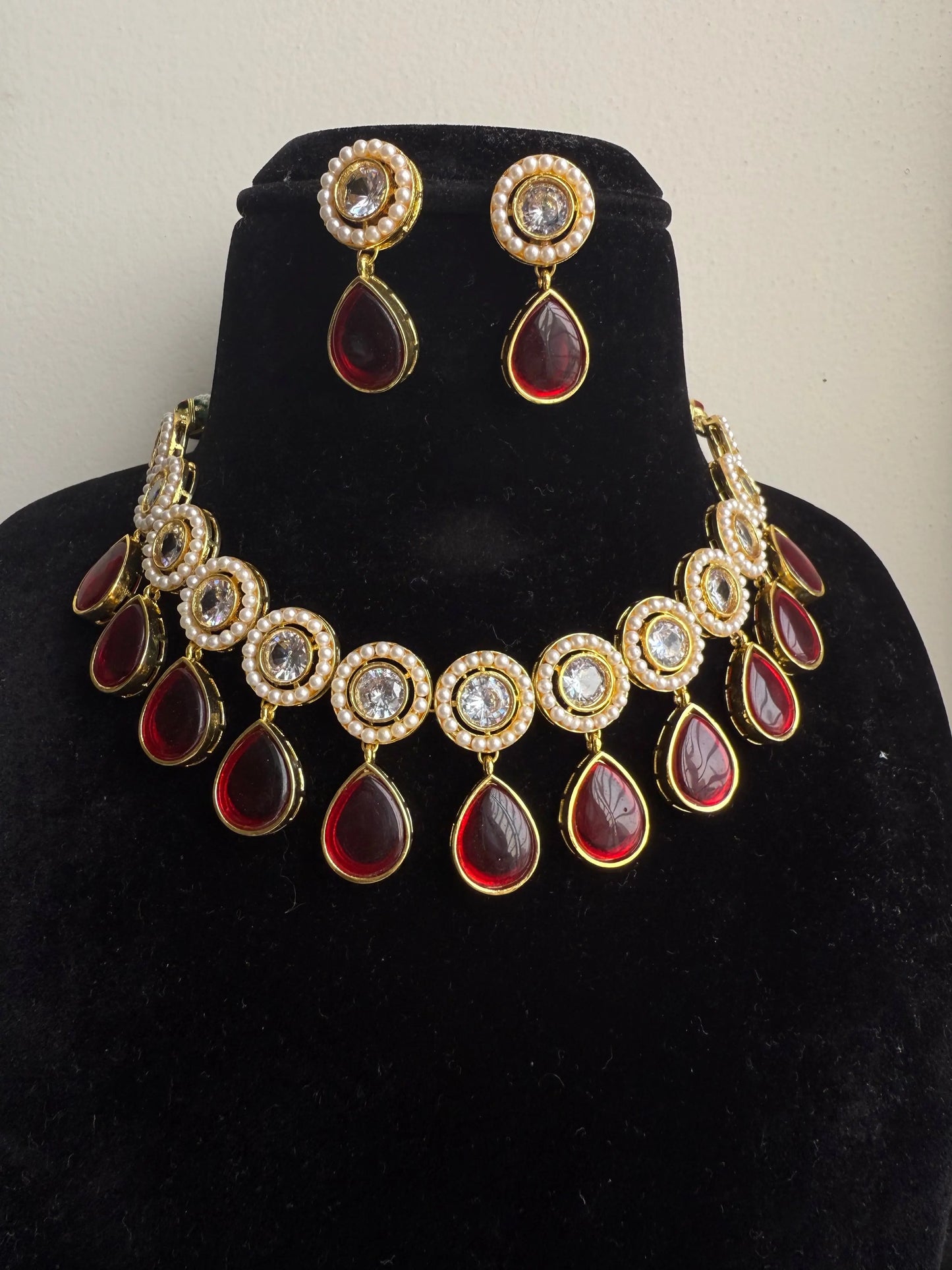 Maroon Polki and pearl necklace set KH