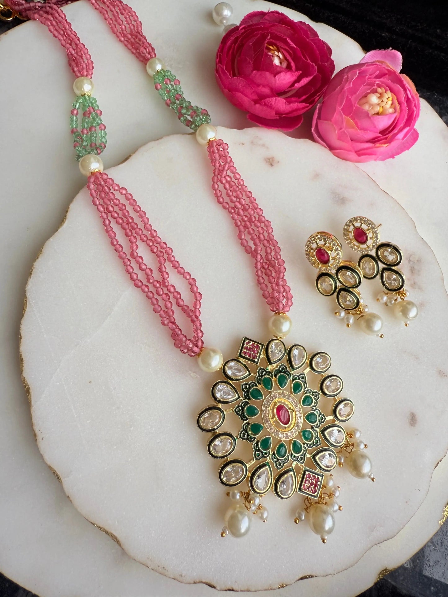 Pink and Green Pastel color necklace set KH