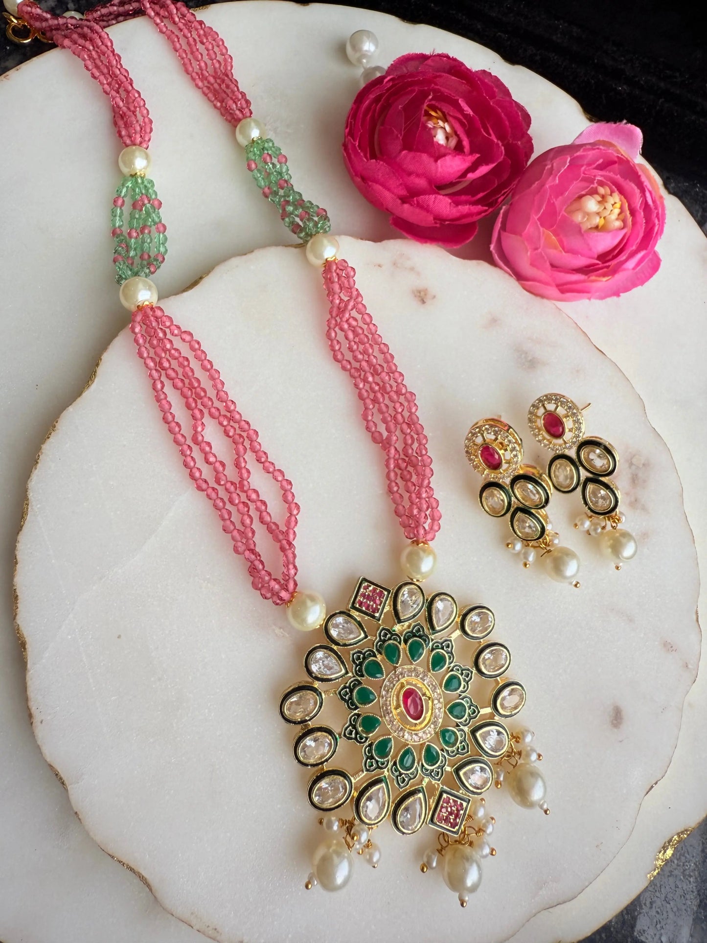 Pink and Green Pastel color necklace set KH