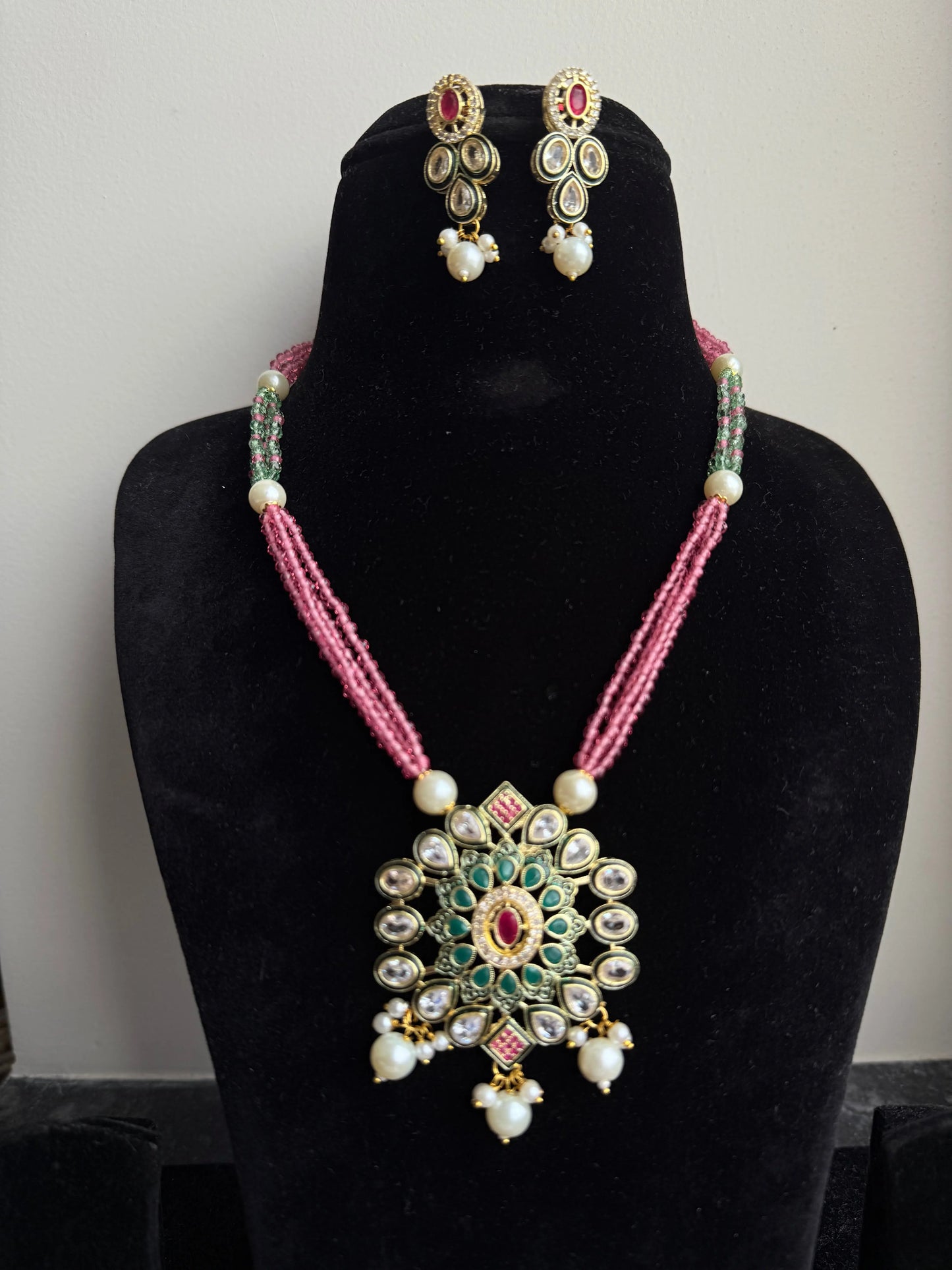 Pink and Green Pastel color necklace set KH