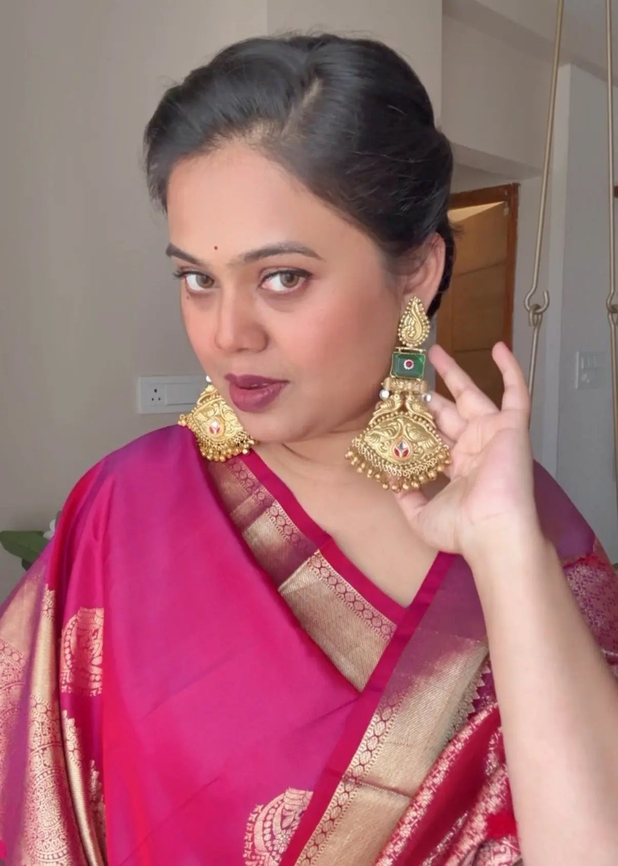 Sakshi Gold tone chandbali earrings in Black and Green colour KH