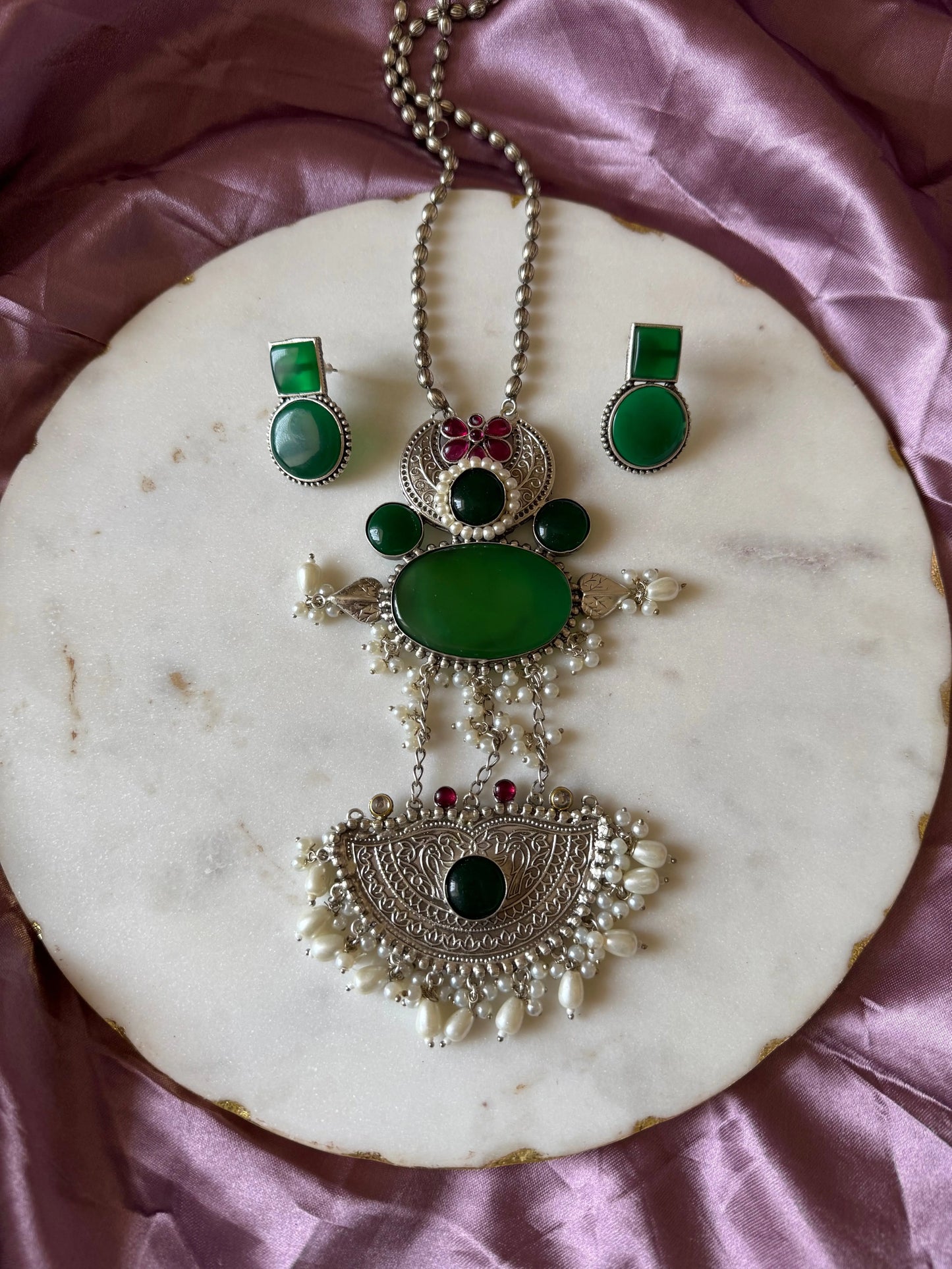 Niharika Silver Tone long Necklace set KH