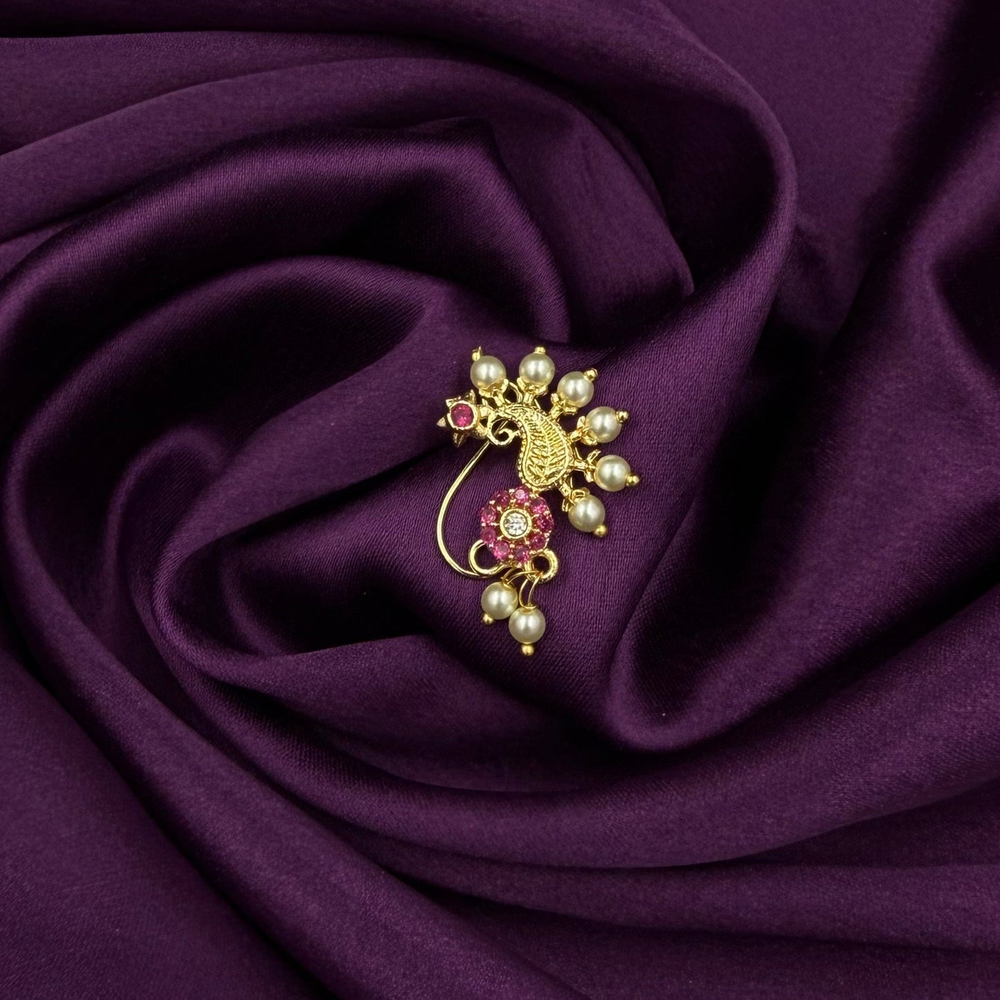 maharashtrian nath - kundan and pearls - pink stones - wedding and festive wear