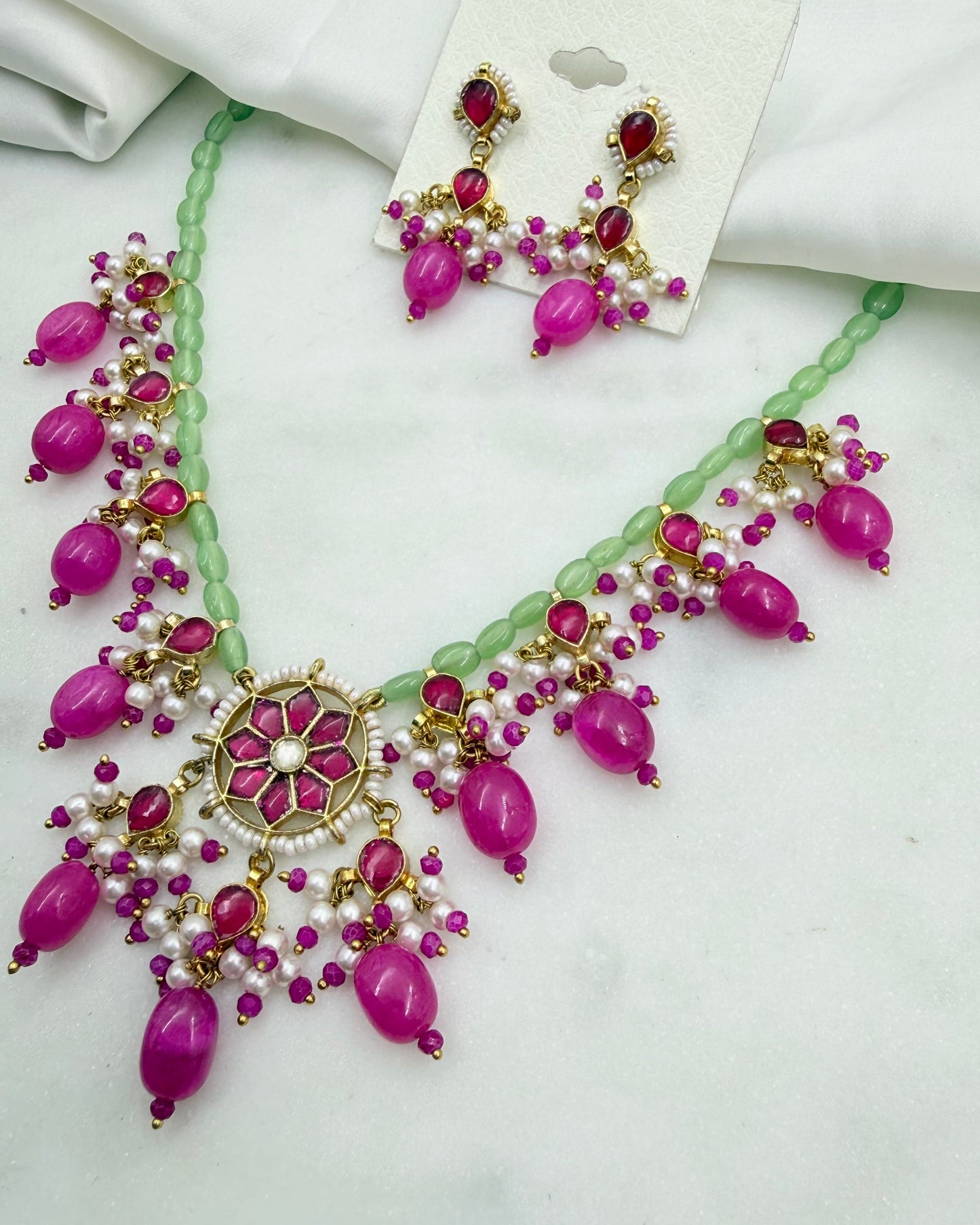 PINK AND GREEN PACHI KUNDAN NECKLACE