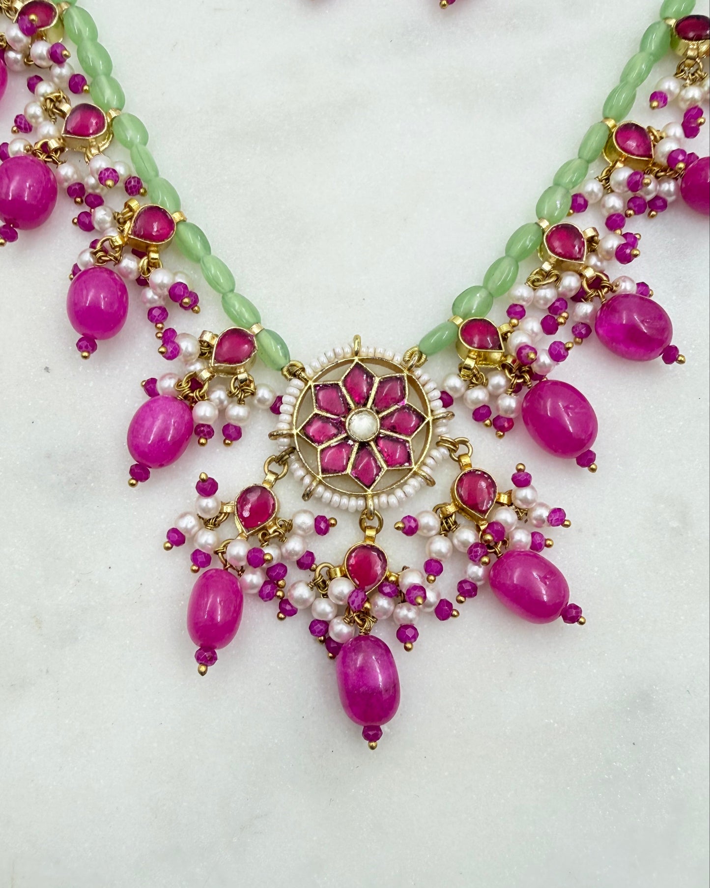 PINK AND GREEN PACHI KUNDAN NECKLACE