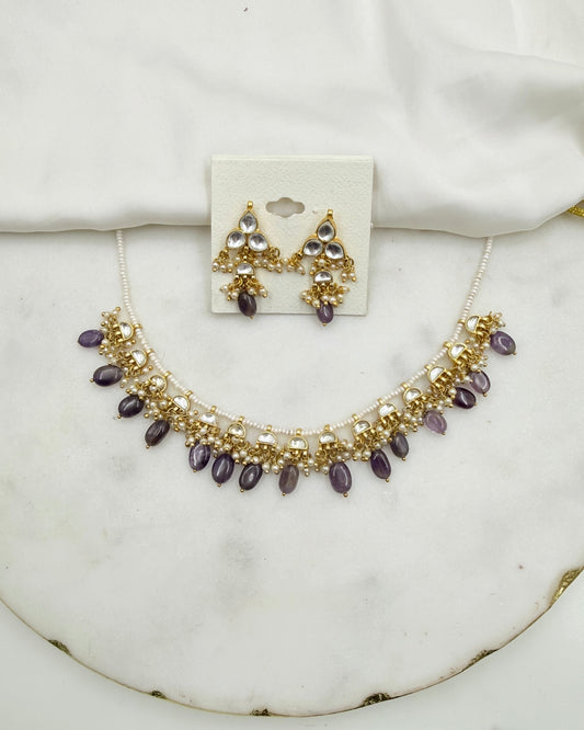 PURPLE DROPS PACHI KUNDAN NECKLACE
