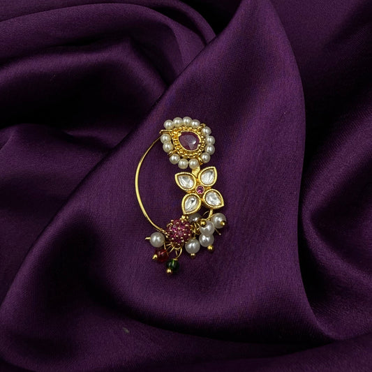 maharashtrian nath - kundan and pearls - pink stones - wedding and festive wear