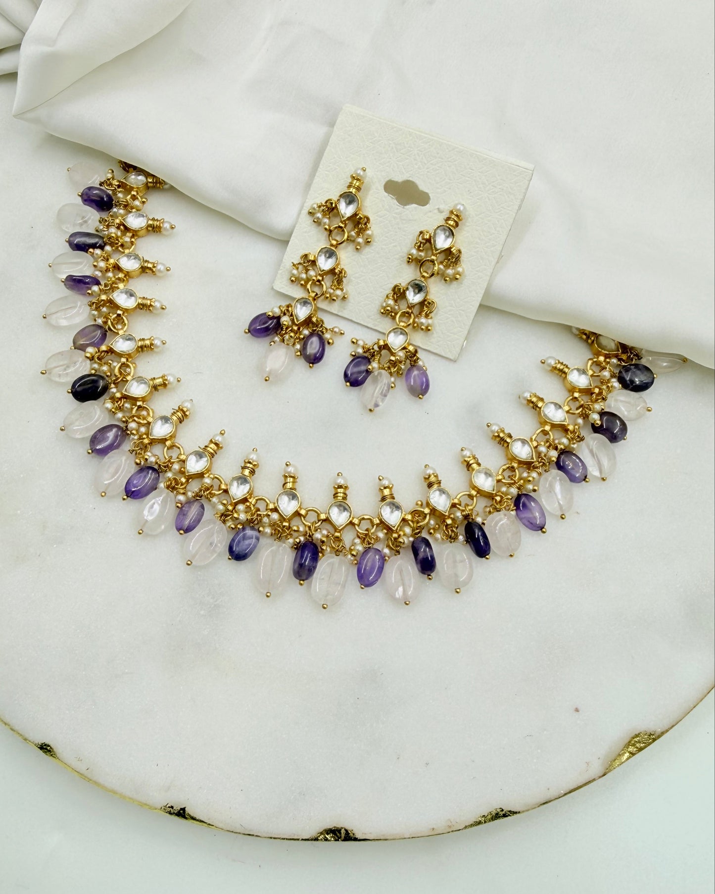 PACHI KUNDAN NECKLACE SET IN PURPLE STONES