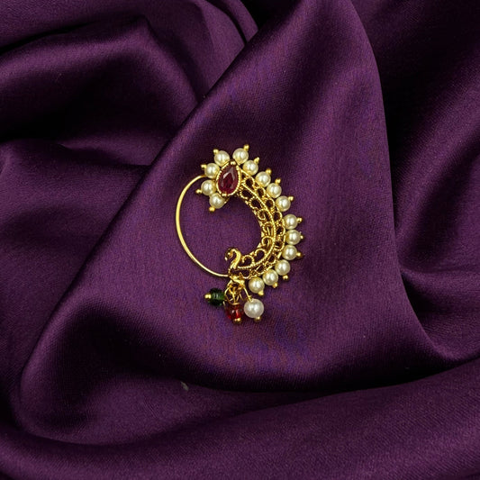 maharashtrian nath - kundan and pearls - Pink stones - wedding and festive wear- karvari  nath
