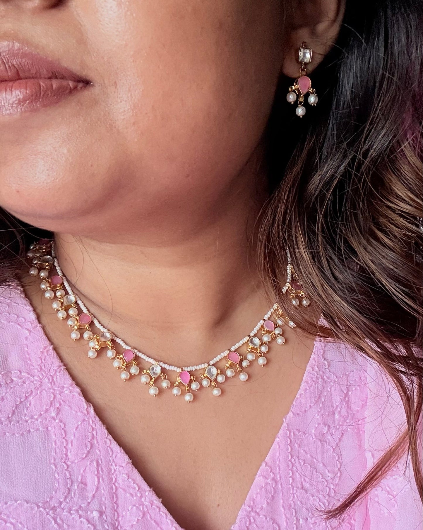 PINK PACHI KUNDAN NECKLACE SET
