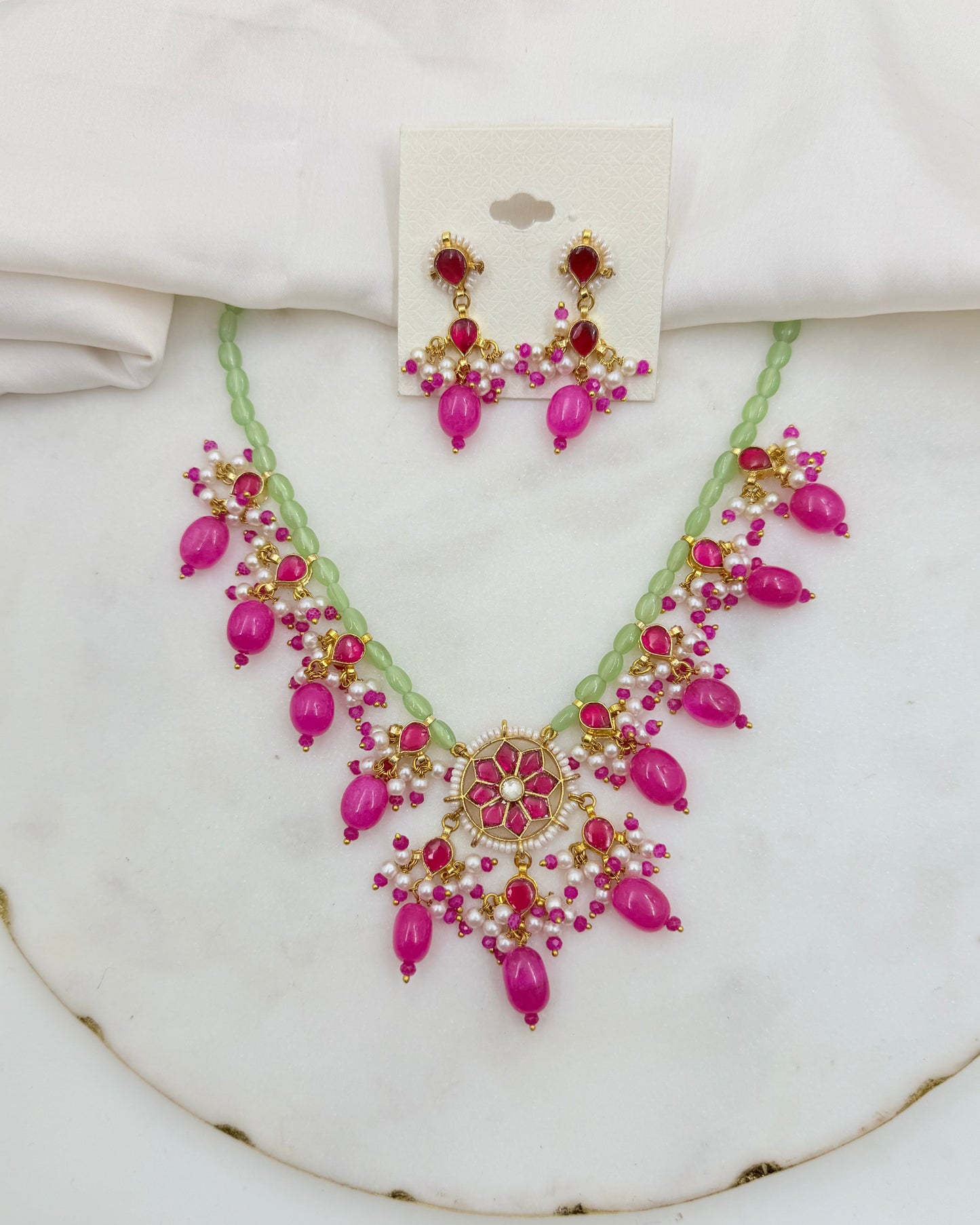 PINK AND GREEN PACHI KUNDAN NECKLACE