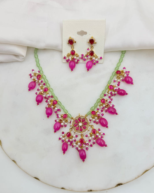 PINK AND GREEN PACHI KUNDAN NECKLACE