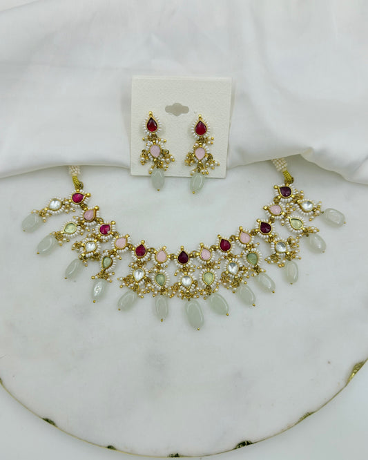 MULTI COLOUR PACHI KUNDAN NECKLACE SET