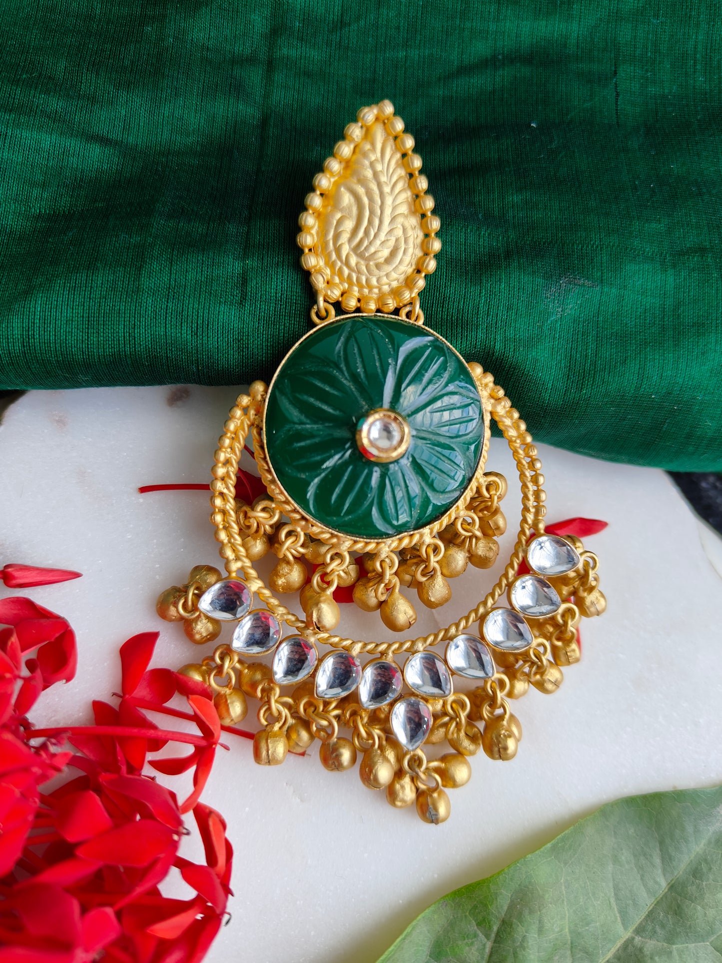 Green Inaya Chandbali in Matt gold finish